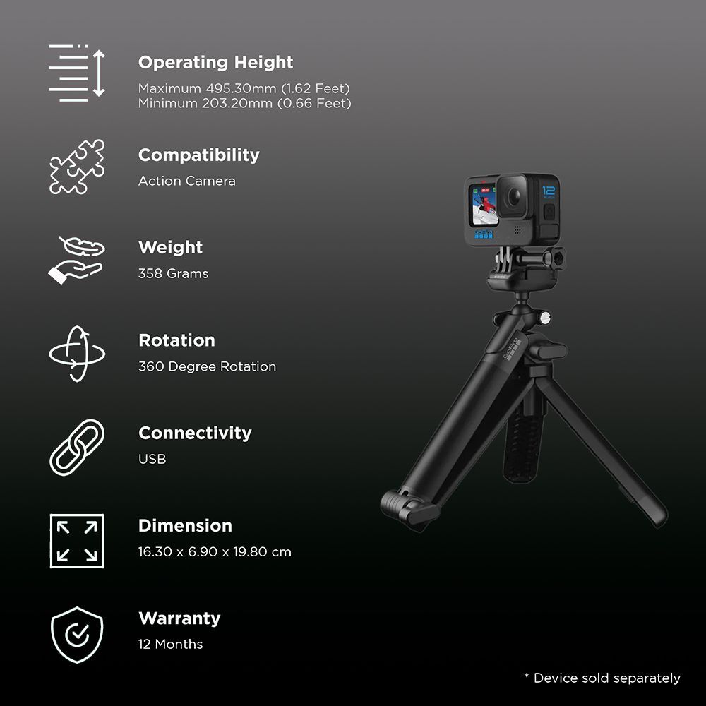 GoPro 3-Way 2.0 49.53cm Adjustable Tripod for Action Camera (360 Degree Rotatable, Black)_2