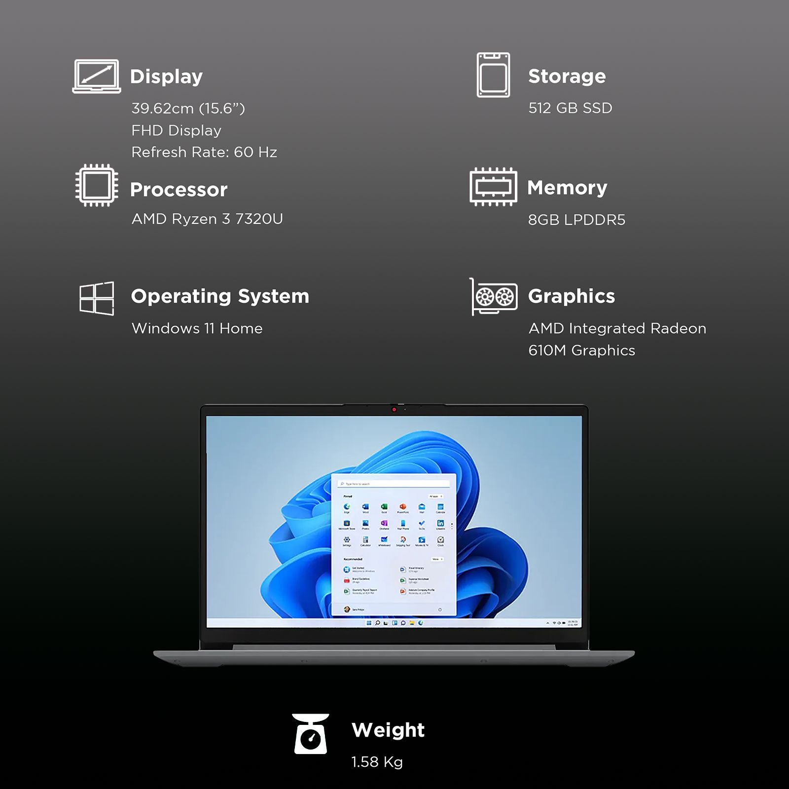 Lenovo IdeaPad 1 15AMN7 AMD Ryen 3 Laptop (8GB, 512GB SSD, Windows 11 Home, 2GB Graphics, 15.6 inch Full HD, MS Office 2021, Cloud Grey, 1.58 KG)_3