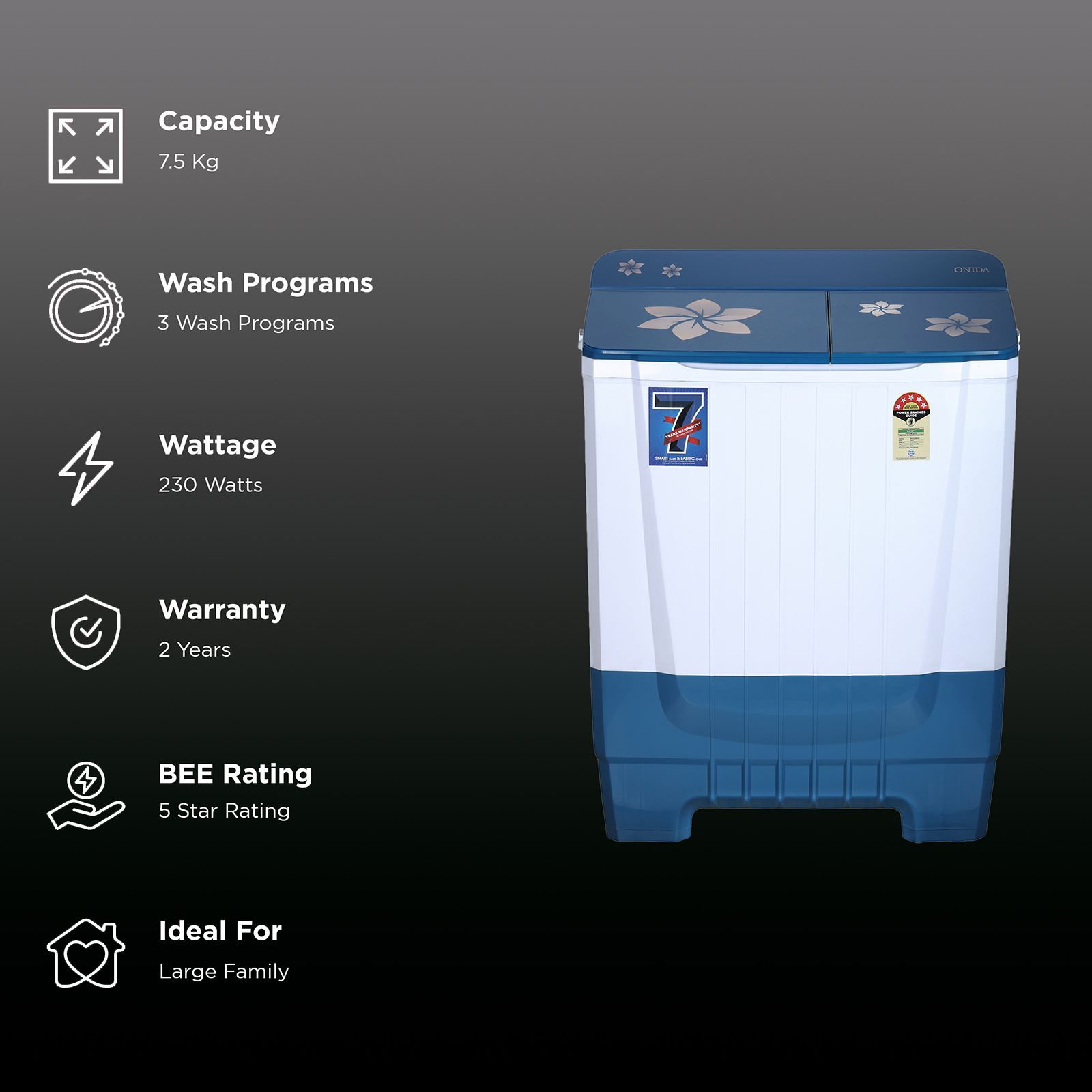 ONIDA 7.5 kg 5 Star Semi-Automatic Top Load Washing Machine (S75SCB, Tailored Wash, Blue)_2