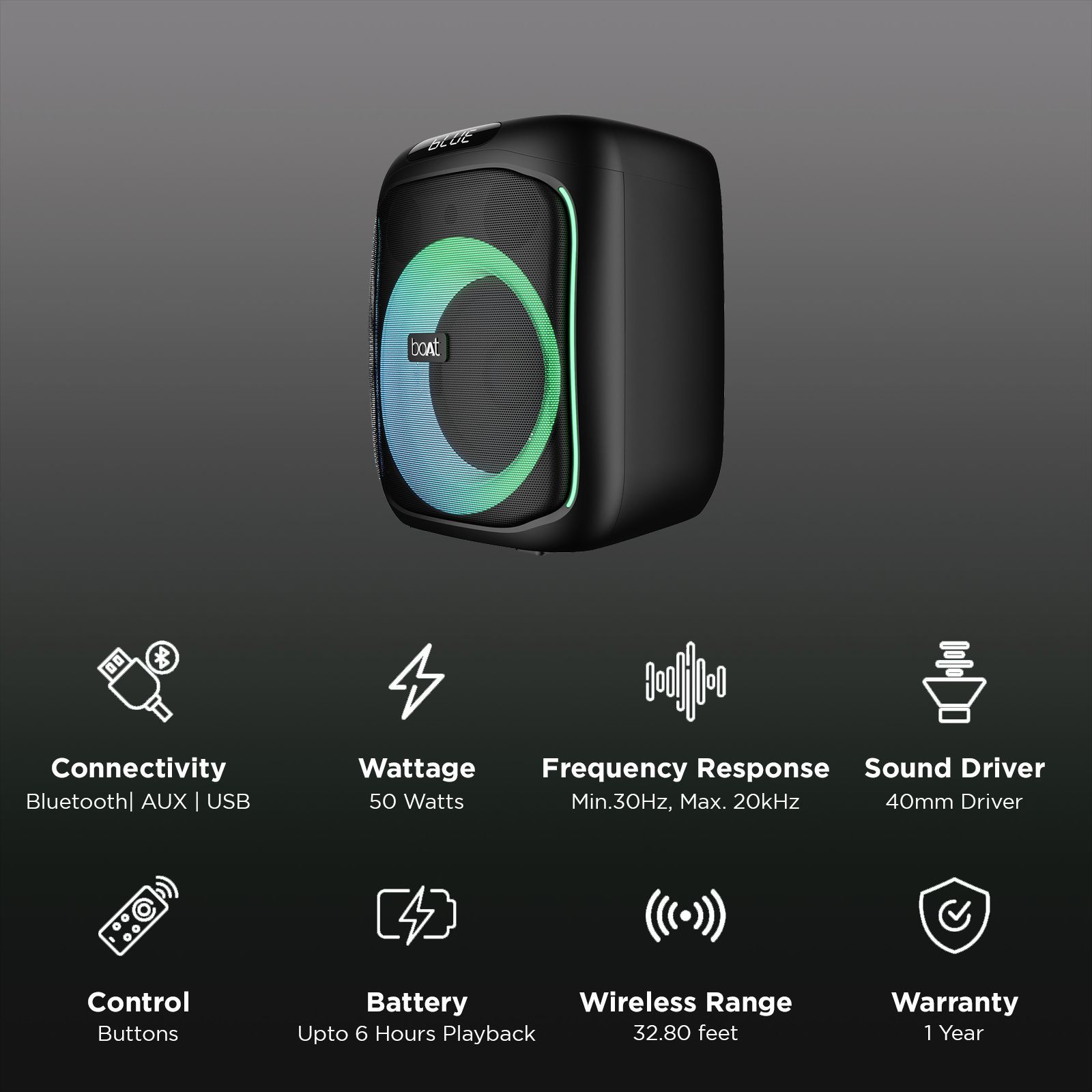 boAt Party Pal 195 50W Portable Bluetooth Speaker (RGB Light, 1.0 Channel, Midnight Black) boAt Party Pal 195 50W Portable Bluetooth Speaker (RGB Light, 1.0 Channel, Midnight Black)_2