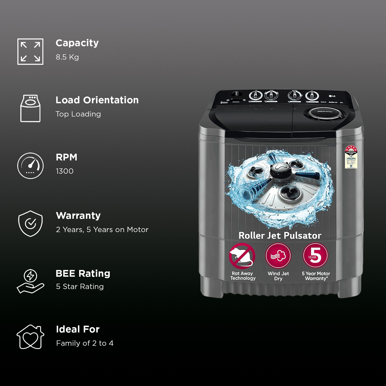 LG 8.5 kg 5 Star Semi Automatic Washing Machine with Roller Jet Pulsator (P8535SKMZ.ABMQEIL, Middle Black)_3