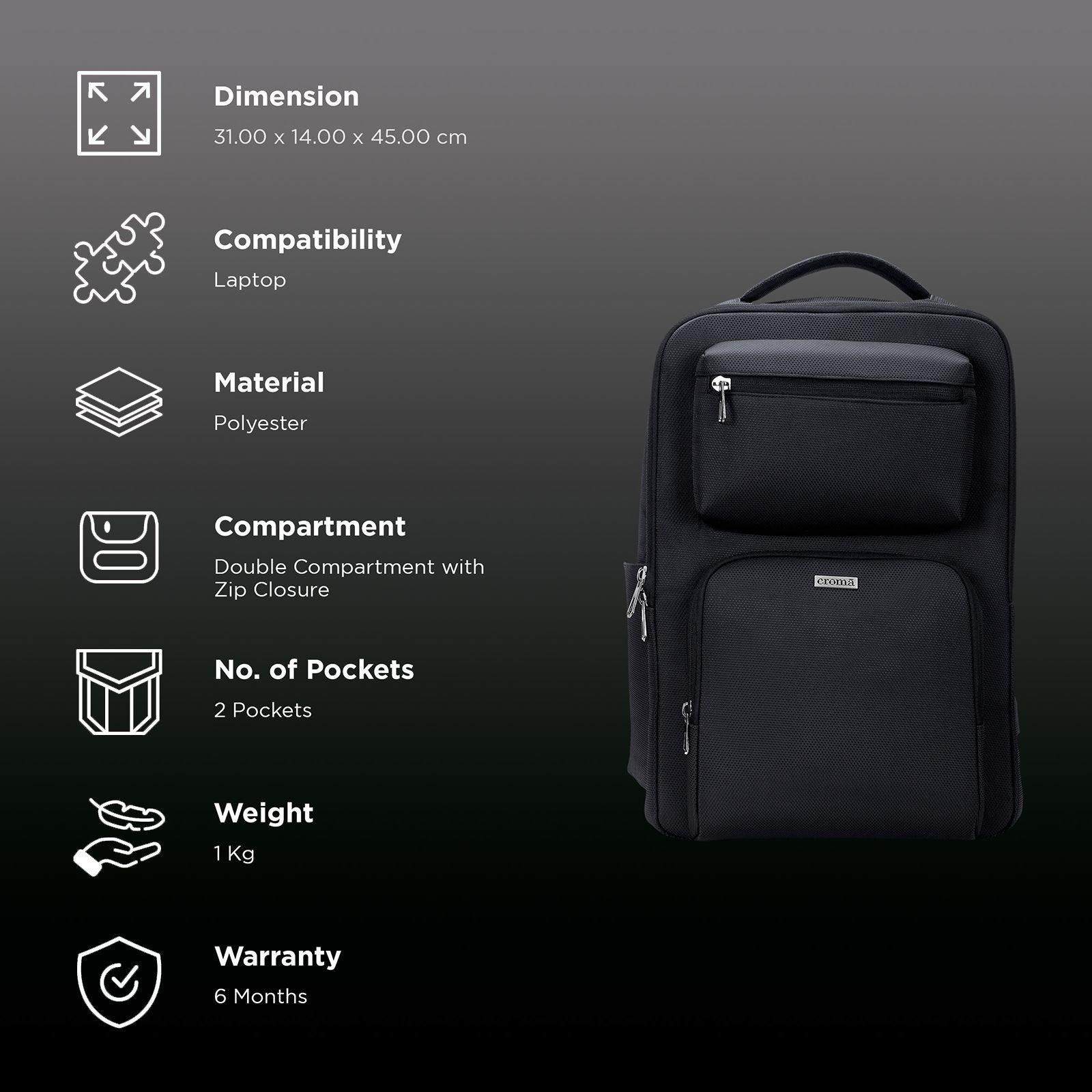 Croma 23 Litres Polyester Fabric Backpack(Anti Theft Compartment, Black)_2