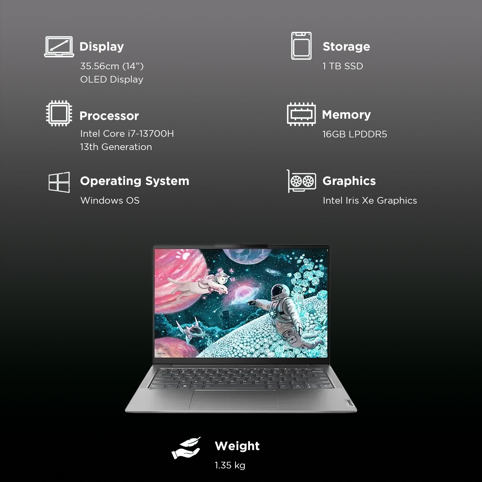 Lenovo Yoga Slim 6 14IRH8 Intel Core i7 13th Gen (14 inch, 16GB, 1TB, Windows, MS Office 2021, Intel Iris Xe, OLED Display, Metallic Grey, 83E00014IN)_3