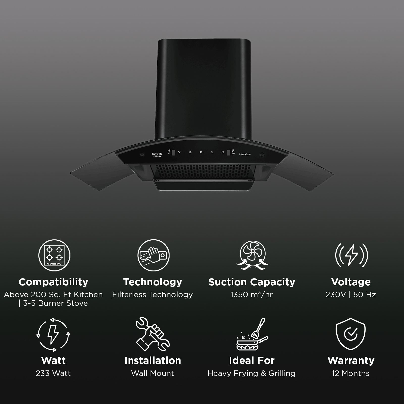Kutchina FRESHY 90cm 1350m3/hr Ducted Wall Mounted Chimney with Filterless Technology (Black)_3