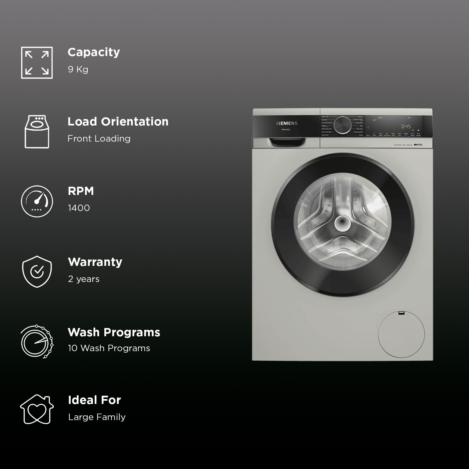 SIEMENS 9 kg Fully Automatic Front Load Washing Machine (iQ700, WG44A20XIN, Multiple Water Protection, Silver Inox)_2