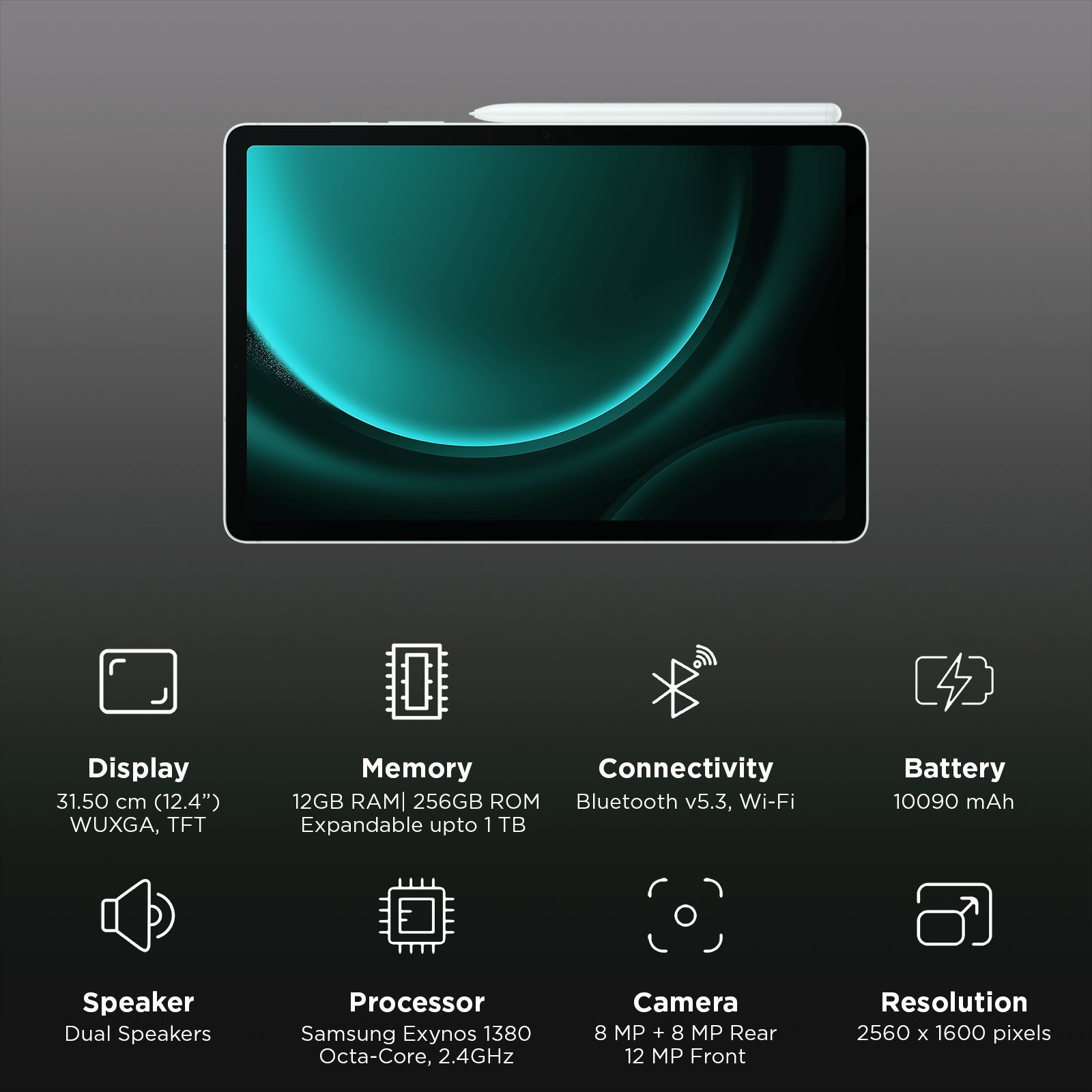 SAMSUNG Galaxy Tab S9 FE Plus Wi-Fi Android Tablet (12.4 Inch, 12GB RAM, 256GB ROM, Mint)_3