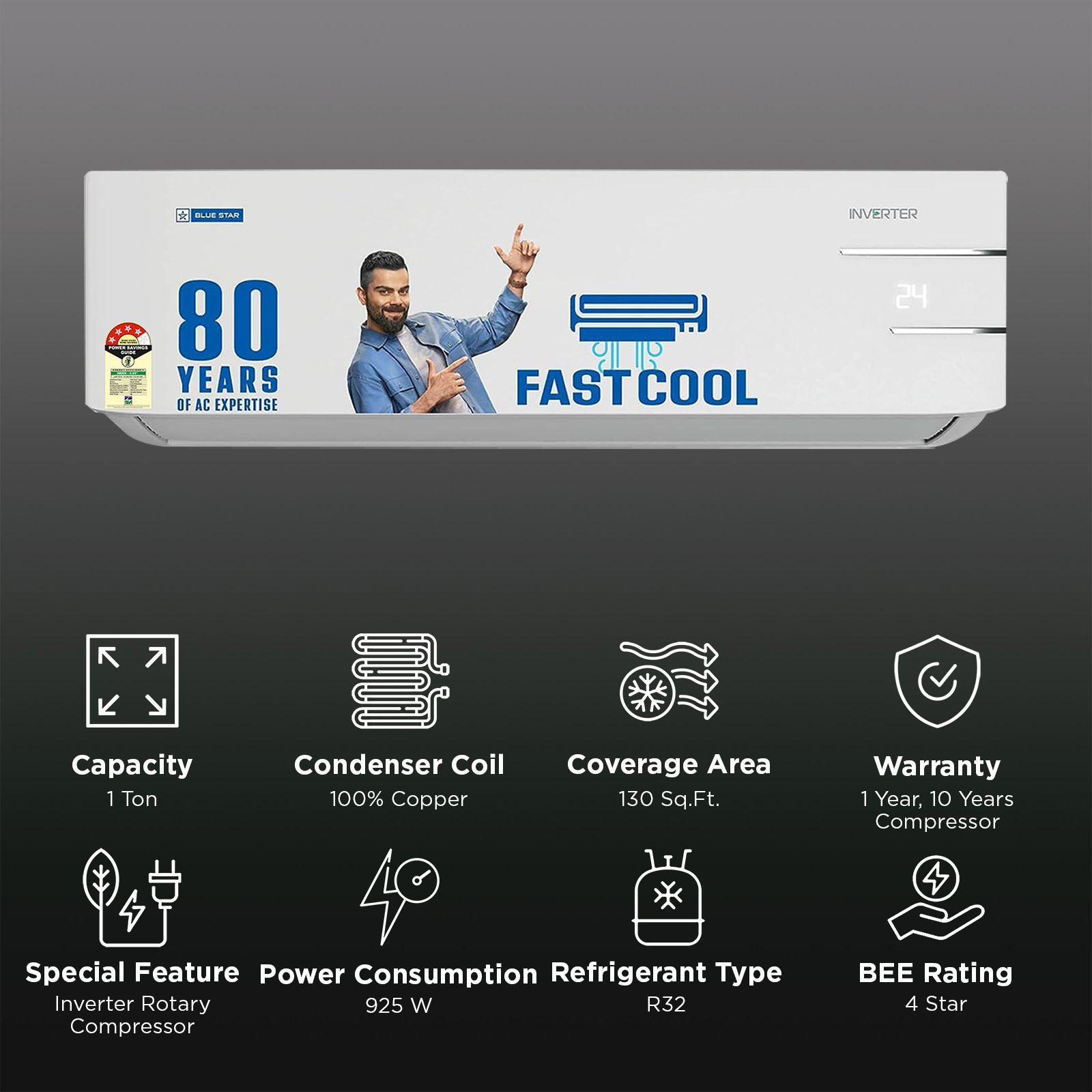 Blue Star Y Series 5 in 1 Convertible 1 Ton 4 Star Inverter Split AC with Dust Filter (Copper Condenser, IC412YNU) Blue Star Y Series 5 in 1 Convertible 1 Ton 4 Star Inverter Split AC with Dust Filter (Copper Condenser, IC412YNU)_2