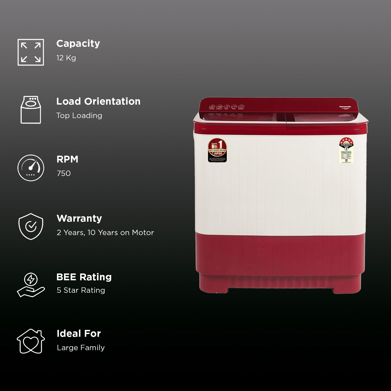 Panasonic 12 kg 5 Star Semi Automatic Washing Machine with Active Foam System (H6, NA-W120H6RRB, Red)_3