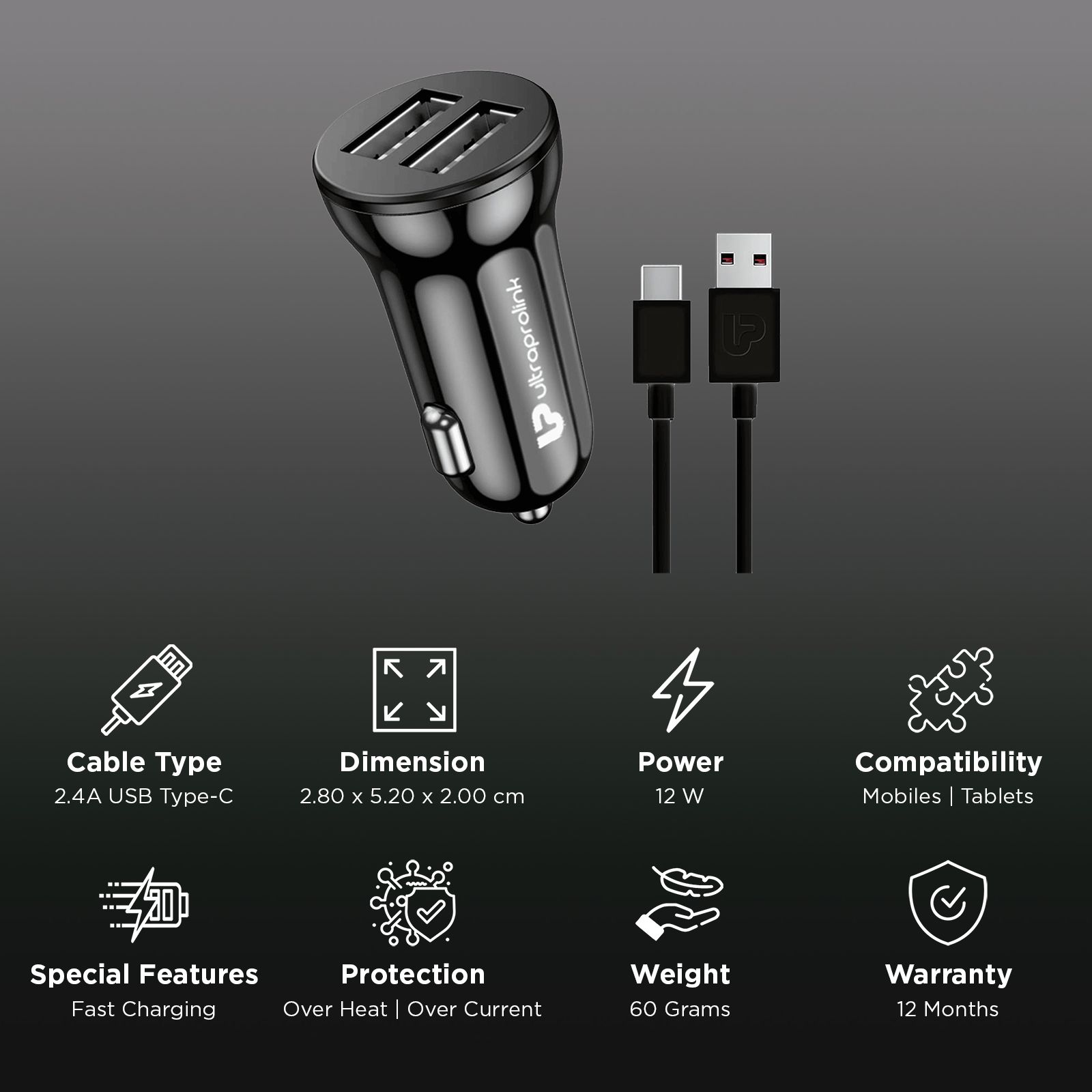 ultraprolink Mach12 12W 2 USB Ports Type C Car Charging Adapter with Cable (Type C, Smart Charge, Black)_2