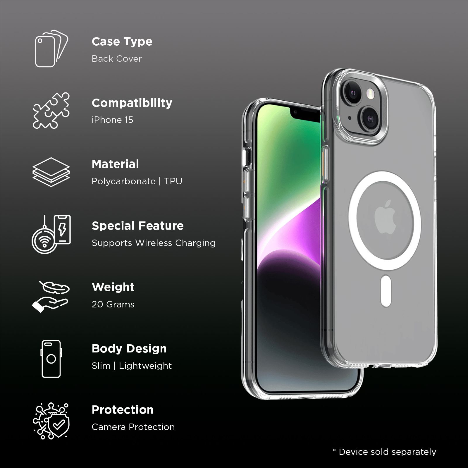 Muvtech Crystal Pro Snap Hard Polycarbonate & Thermoplastic Polyurethane Back Case for Apple iPhone 15 (Supports Wireless Charging, White)_2