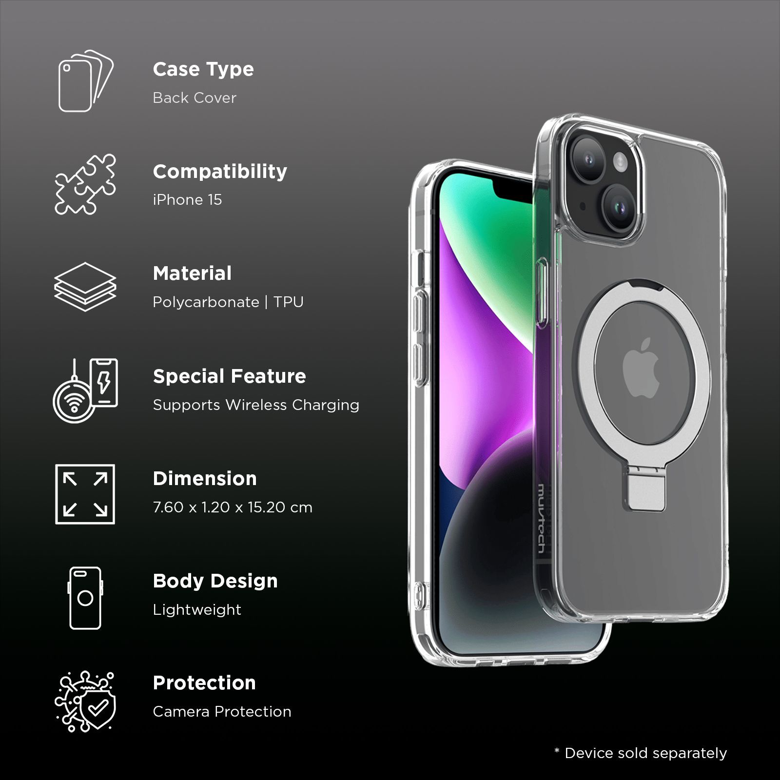 Muvtech Rio Snap Hard Polycarbonate & Thermoplastic Polyurethane Back Case for Apple iPhone 15 (Supports Wireless Charging, Clear)_2