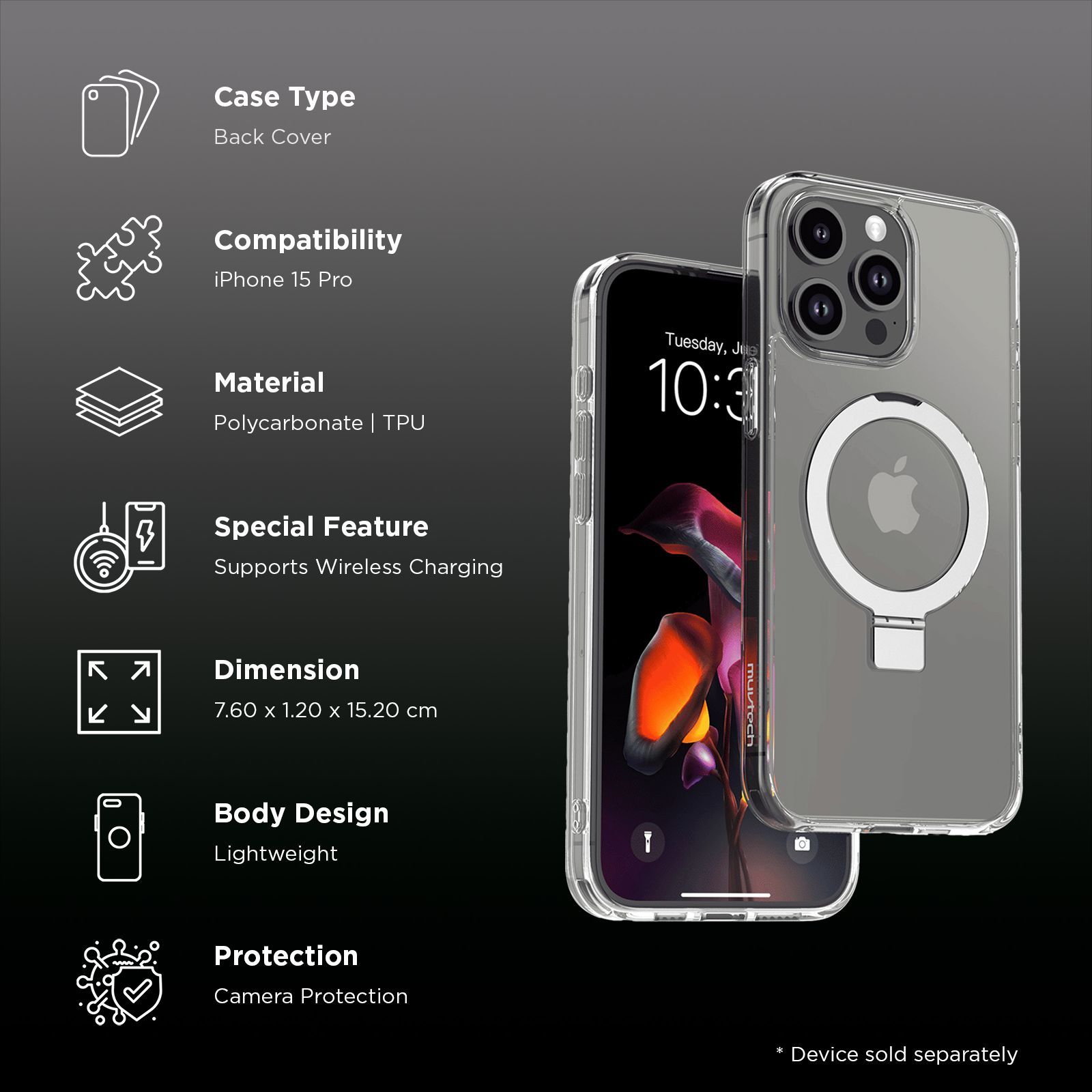 Muvtech Rio Snap TPU and Polycarbonate Back Cover for iPhone 15 Pro (Camera Protection, Clear) Muvtech Rio Snap TPU and Polycarbonate Back Cover for iPhone 15 Pro (Camera Protection, Clear)_2