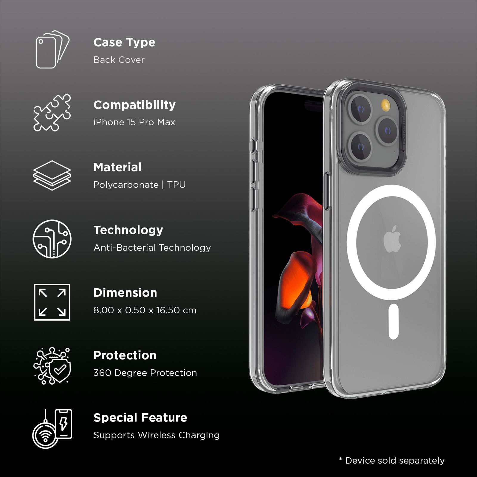 Muvtech Crystal Halo Snap Polycarbonate & Thermoplastic Polyurethane Back Case for Apple iPhone 15 Pro Max (Camera Protection, Black)_2