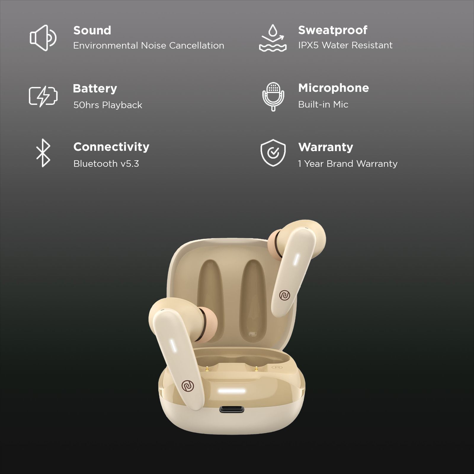 noise Buds VS401 TWS Earbuds with Environmental Noise Cancellation (IPX5 Water Resistant, Insta Charge, Calm Beige)_2