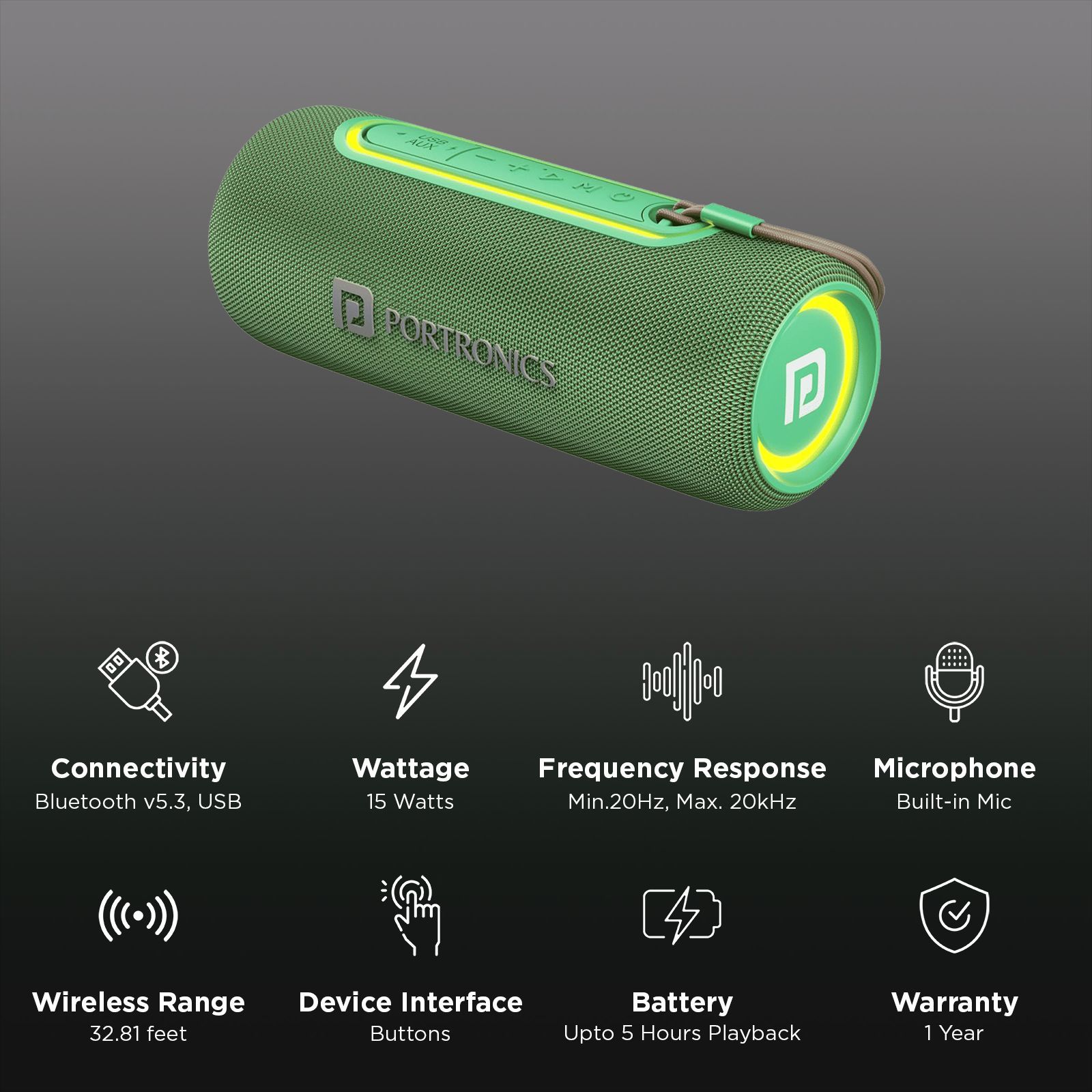 PORTRONICS Resound 2 15W Portable Bluetooth Speaker (IPX5 Water Resistant, 5 Hours Playtime, Green)_3