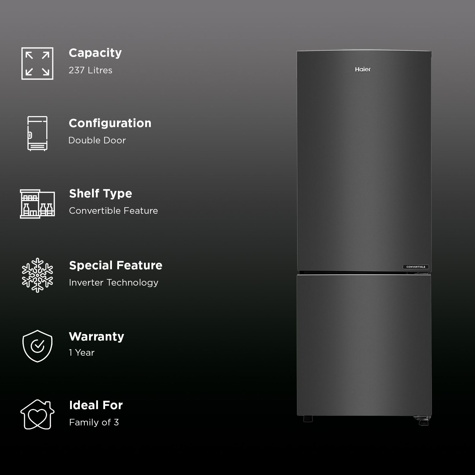 Haier 237 Litres 3 Star Frost Free Double Door Bottom Mount Convertible Refrigerator with Twin Inverter Technology (HEB243GBP, Black) Haier 237 Litres 3 Star Frost Free Double Door Bottom Mount Convertible Refrigerator with Twin Inverter Technology (HEB243GBP, Black)_3