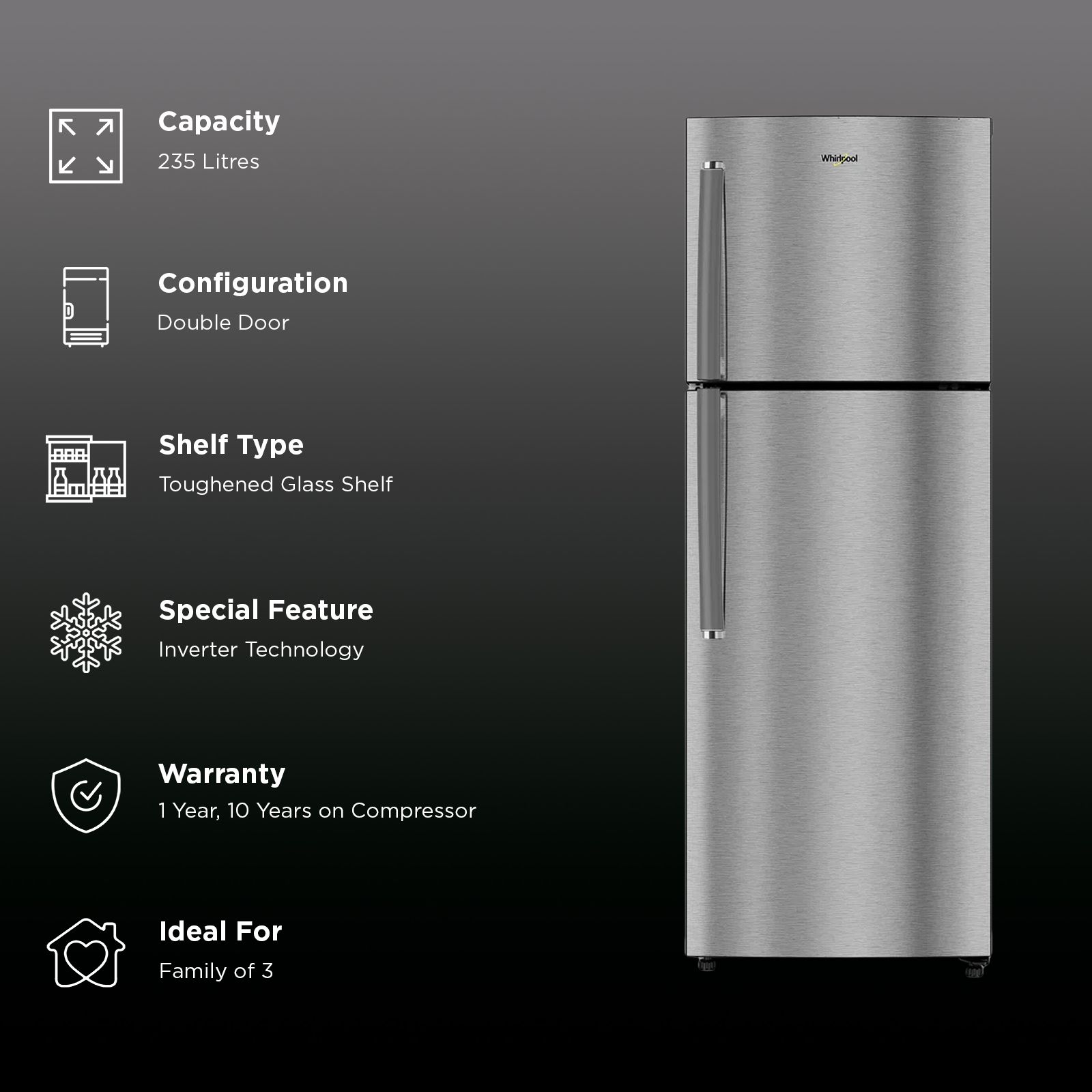 Whirlpool Intellifresh 235 Litres 2 Star Frost Free Double Door Refrigerator with IntelliSense Inverter Technology (21982, Athena Steel)_3