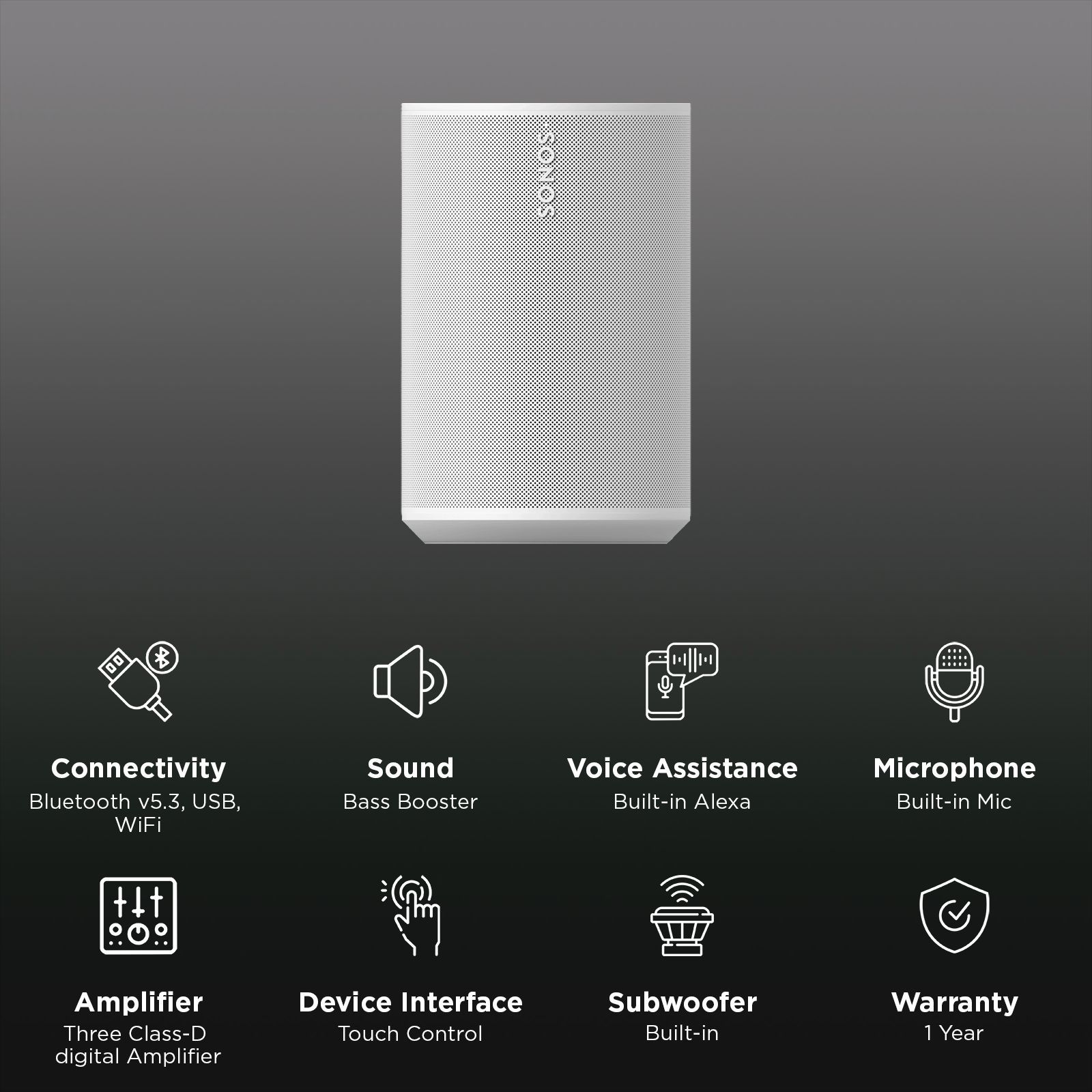 SONOS Era 100 (Next Gen) with Built-in Alexa Smart Wi-Fi Speaker (Touch Control, White)_3
