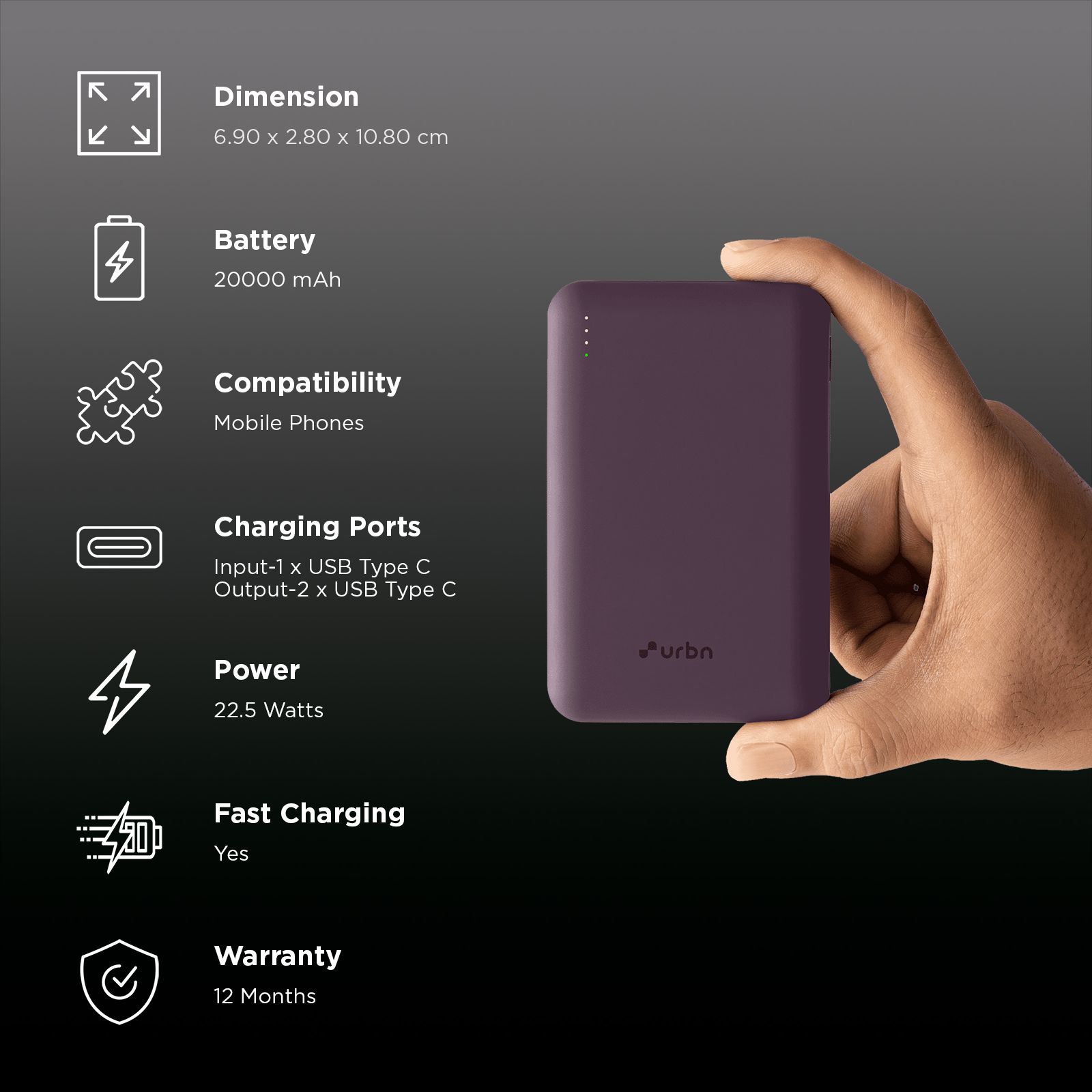 urbn 20000 mAh 22.5W Fast Charging Power Bank (2 Type C & 1 Type A Ports, 12 Layers Circuit Protection, Purple) urbn 20000 mAh 22.5W Fast Charging Power Bank (2 Type C & 1 Type A Ports, 12 Layers Circuit Protection, Purple)_3