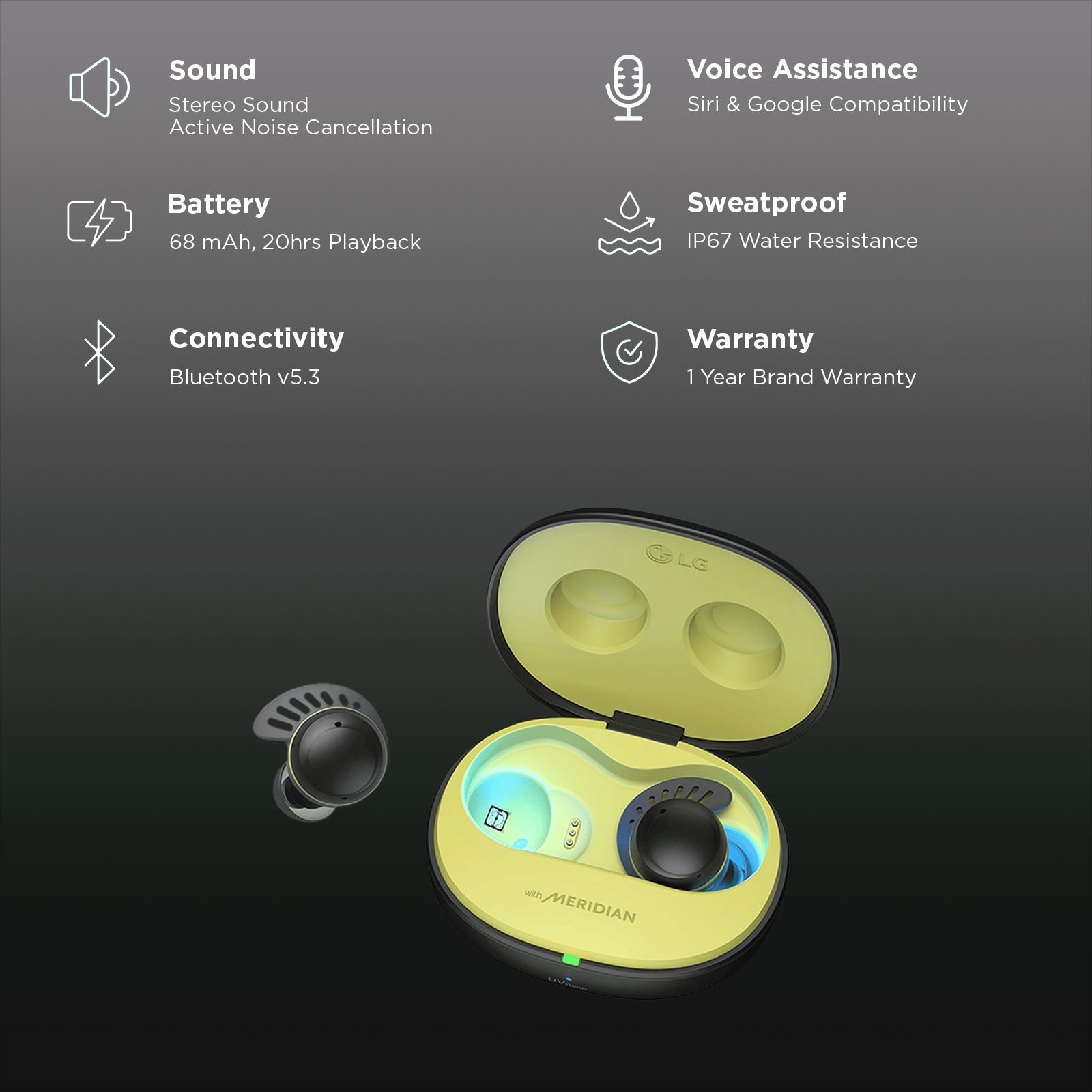 LG Tone Free Fit TONETF7Q TWS Earbuds with Active Noise Cancellation (IP67 Water Resistant, Bass Boost Technology, Black Lime)_2