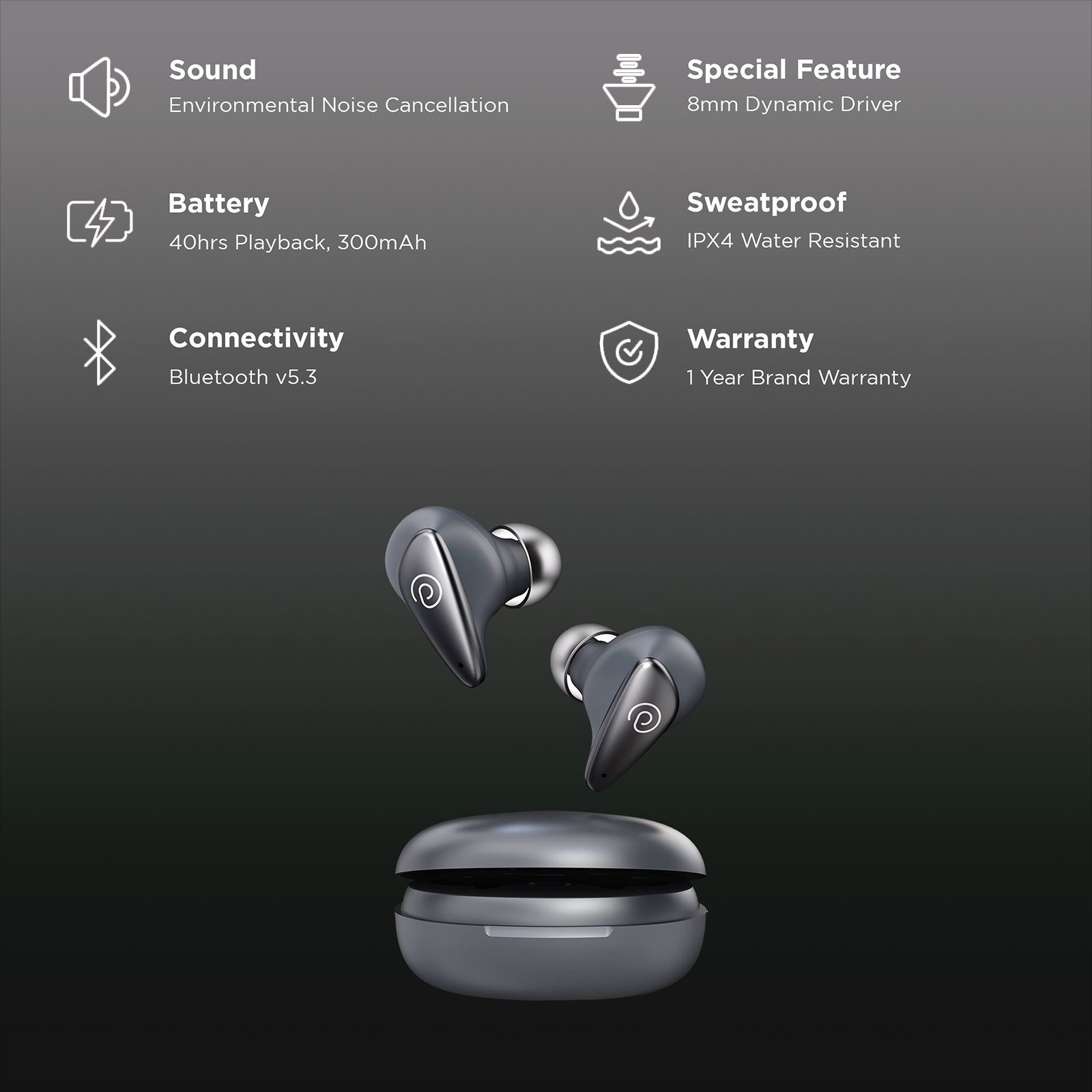pTron Bassbuds Verse TWS Earbuds with Environmental Noise Cancellation (IPX4 Water & Sweat Resistant, Bass Boost Technology, Grey)_2