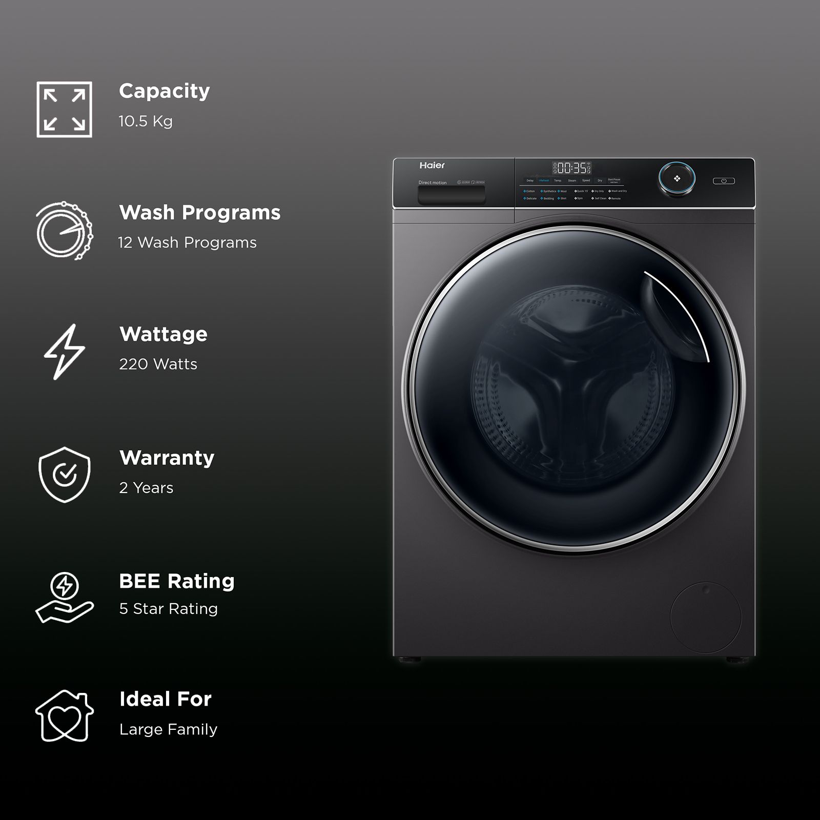 Haier 10.5/7 kg 5 Star Fully Automatic Front Load Washer Dryer(HWD105-B14959S8U1, Direct Motion Motor, Dark Jade Silver)_2