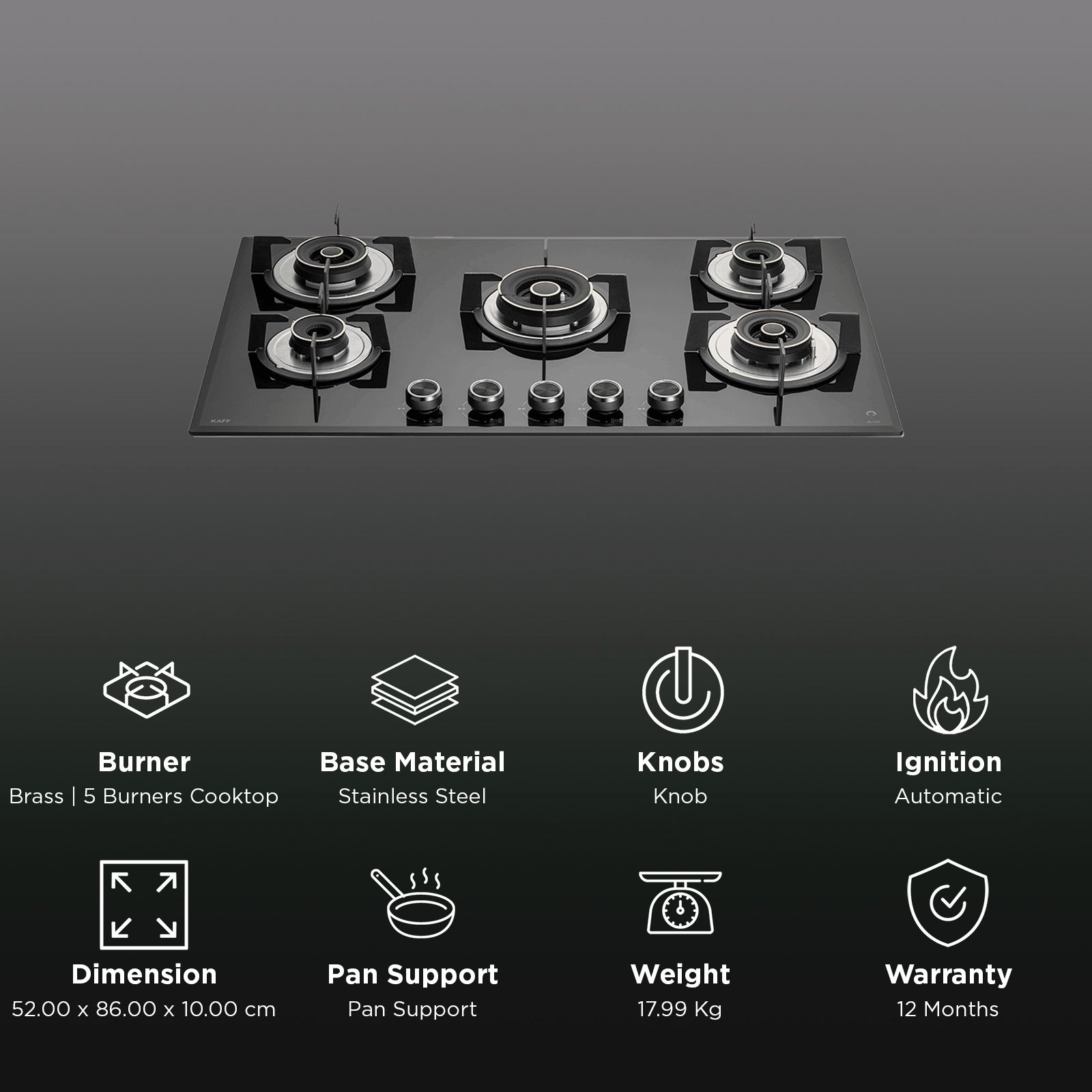 KAFF ALN 865 Glass Top 5 Burner Automatic Hob (Matt Enameled Pan Support, Black)_3