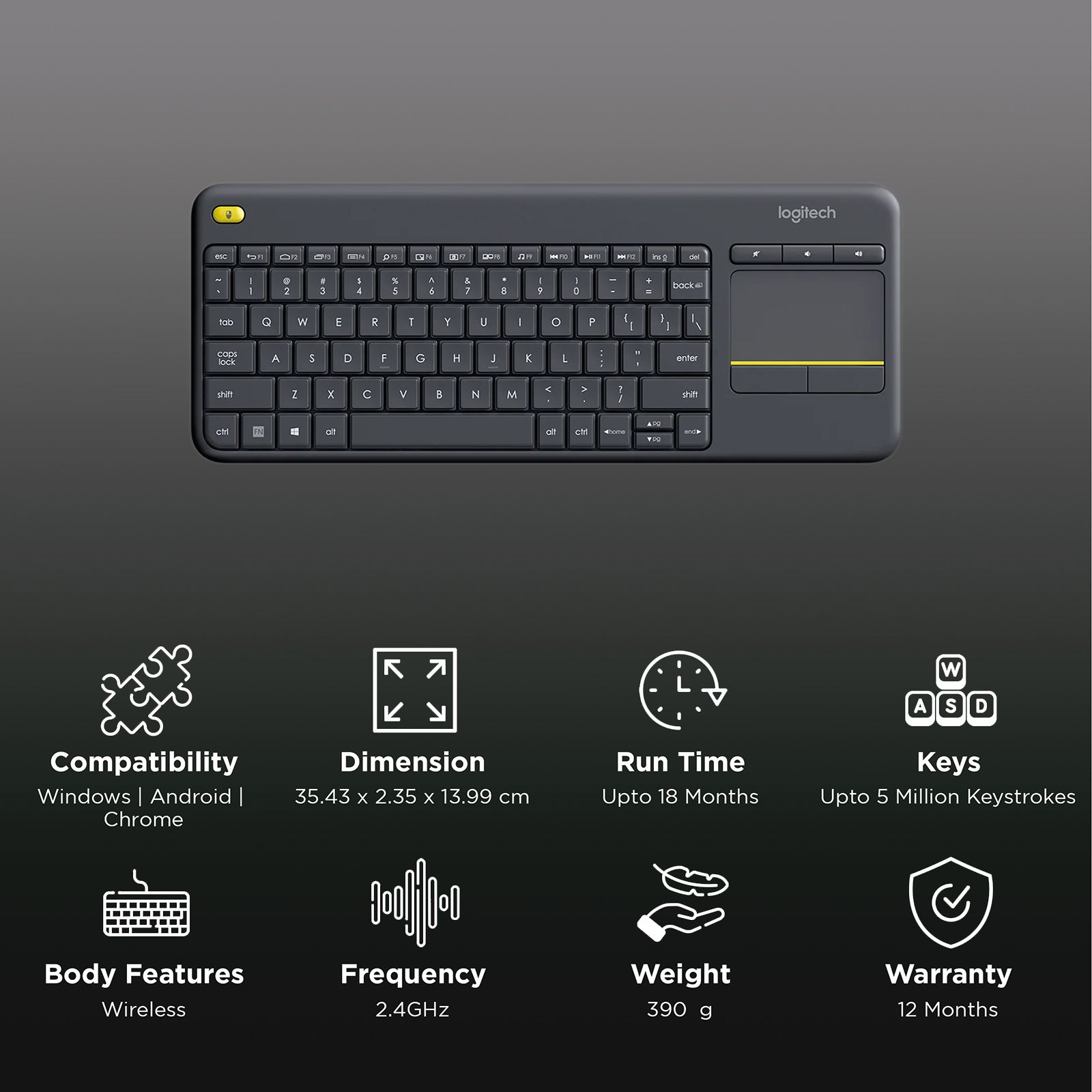 logitech K400 Plus 2.4GHz Wireless Keyboard with Built-in Touchpad (Upto 5 Million Keystrokes, Black)_2