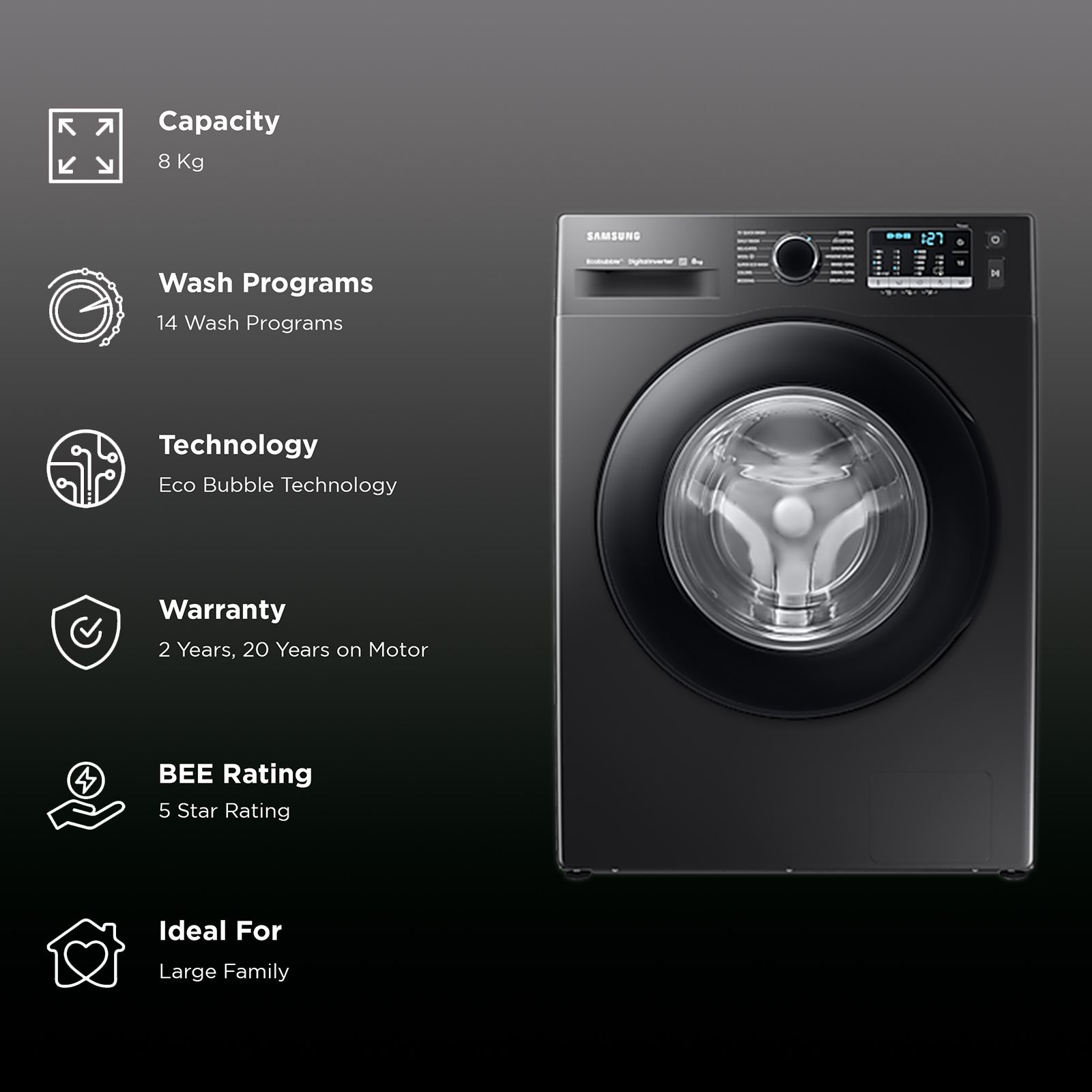 SAMSUNG 8 kg 5 Star Inverter Fully Automatic Front Load Washing Machine (WW80TA046AB1TL, Hygiene Steam, Diamond Drum, Black) SAMSUNG 8 kg 5 Star Inverter Fully Automatic Front Load Washing Machine (WW80TA046AB1TL, Hygiene Steam, Diamond Drum, Black)_2