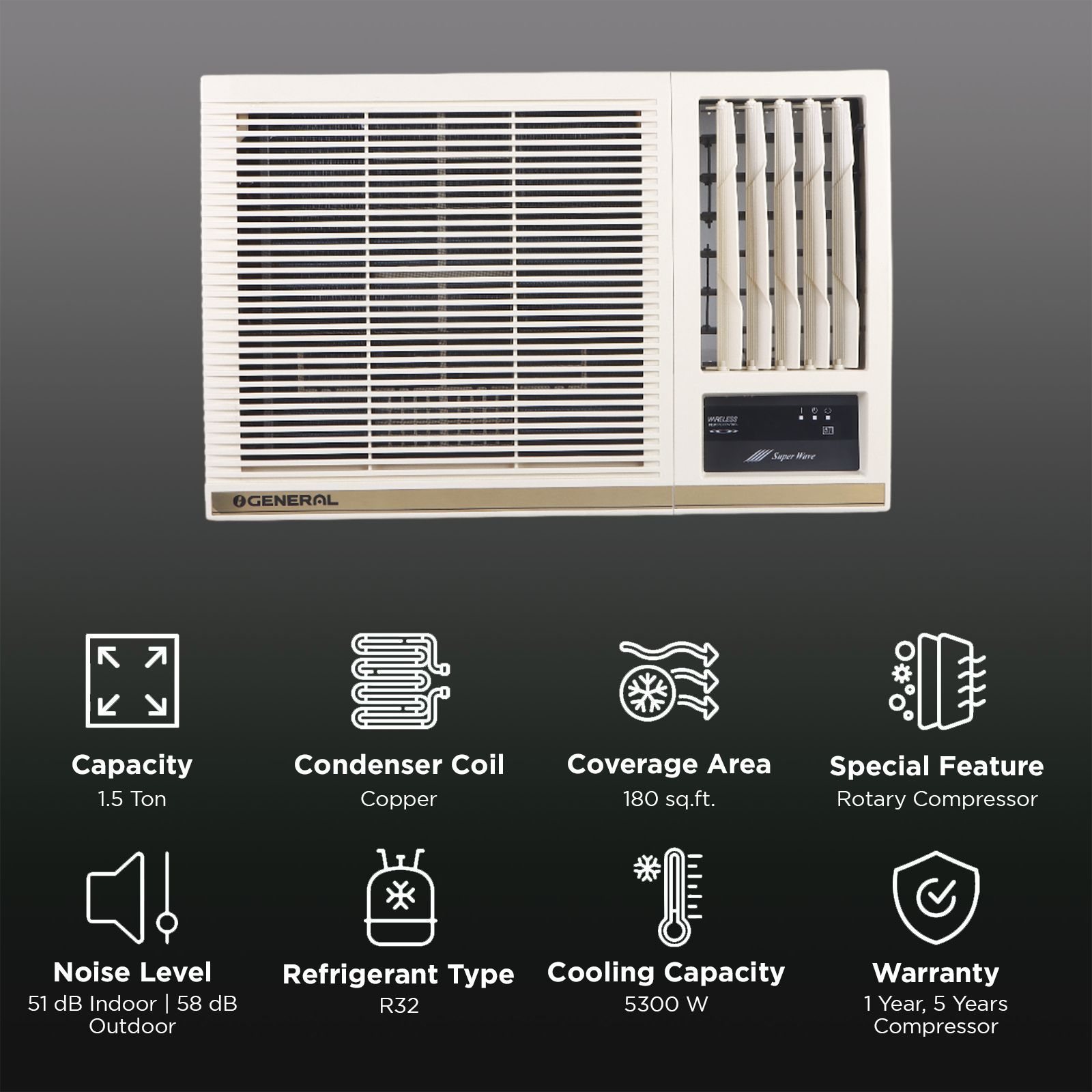 O GENERAL 1.5 Ton 5 Star Window AC (Copper Condenser, Anti Bacterial Filter, AXGB18CHAA-B) O GENERAL 1.5 Ton 5 Star Window AC (Copper Condenser, Anti Bacterial Filter, AXGB18CHAA-B)_2