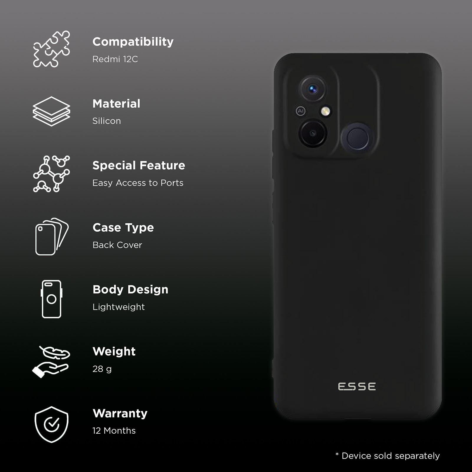 ESSE Soft Silicone Back Case for Redmi 12C (Optimal Protection, Black)_2