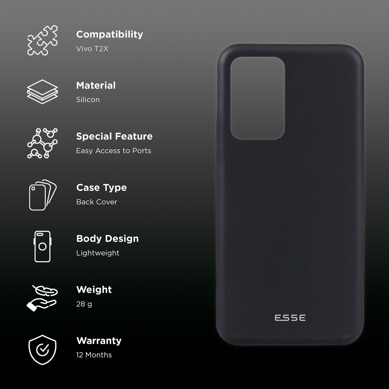 ESSE Soft Silicone Back Case for Vivo T2X (Optimal Protection, Black)_2