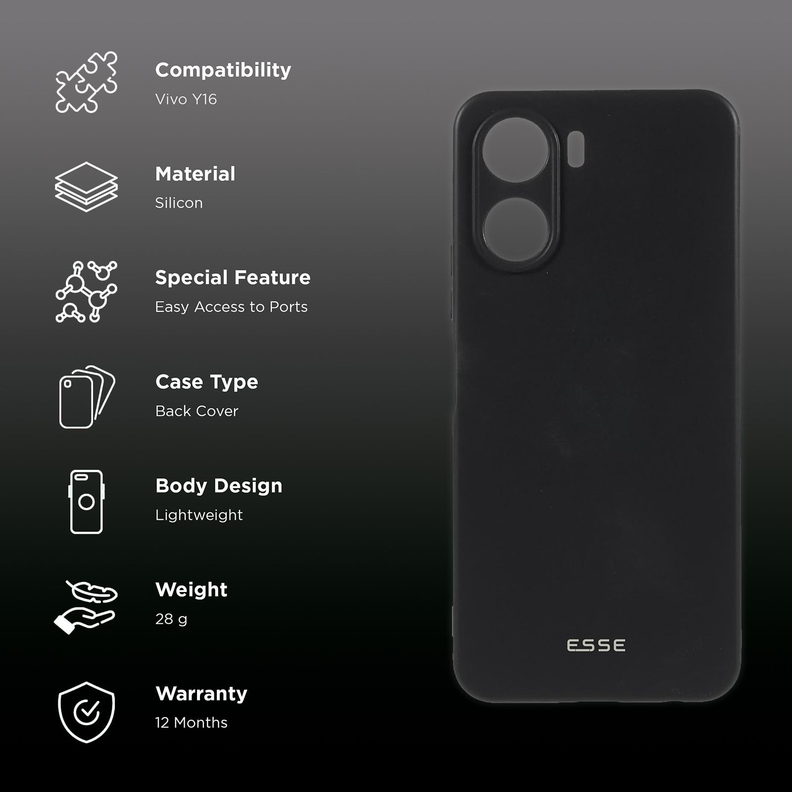 ESSE Soft Silicone Back Case for Vivo Y16 (Optimal Protection, Black)_2