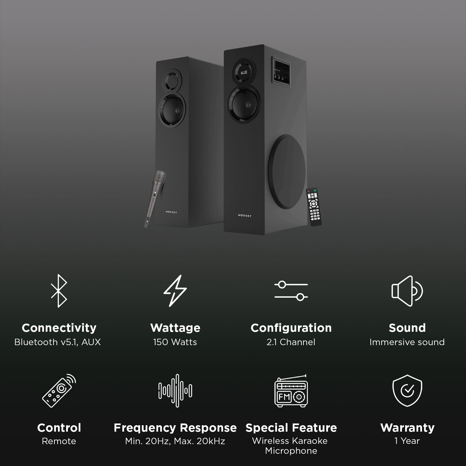 MODGET TORO 150W Multimedia Speaker (Bluetooth Connectivity, 2.1 Channel, Black)_3