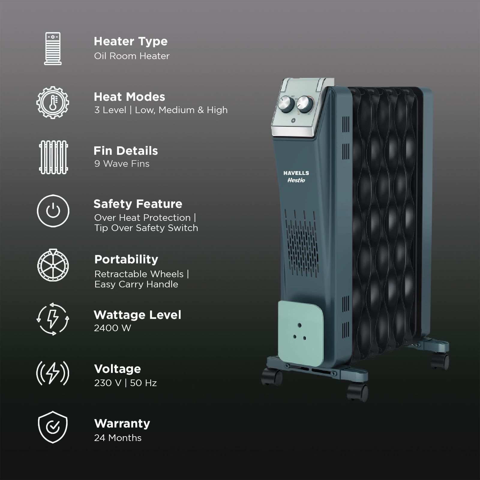 HAVELLS Hestio 2400W PTC Fan Oil Filled Radiator Room Heater with 9 Wave Fins (Thermostatic Heat Control_3
