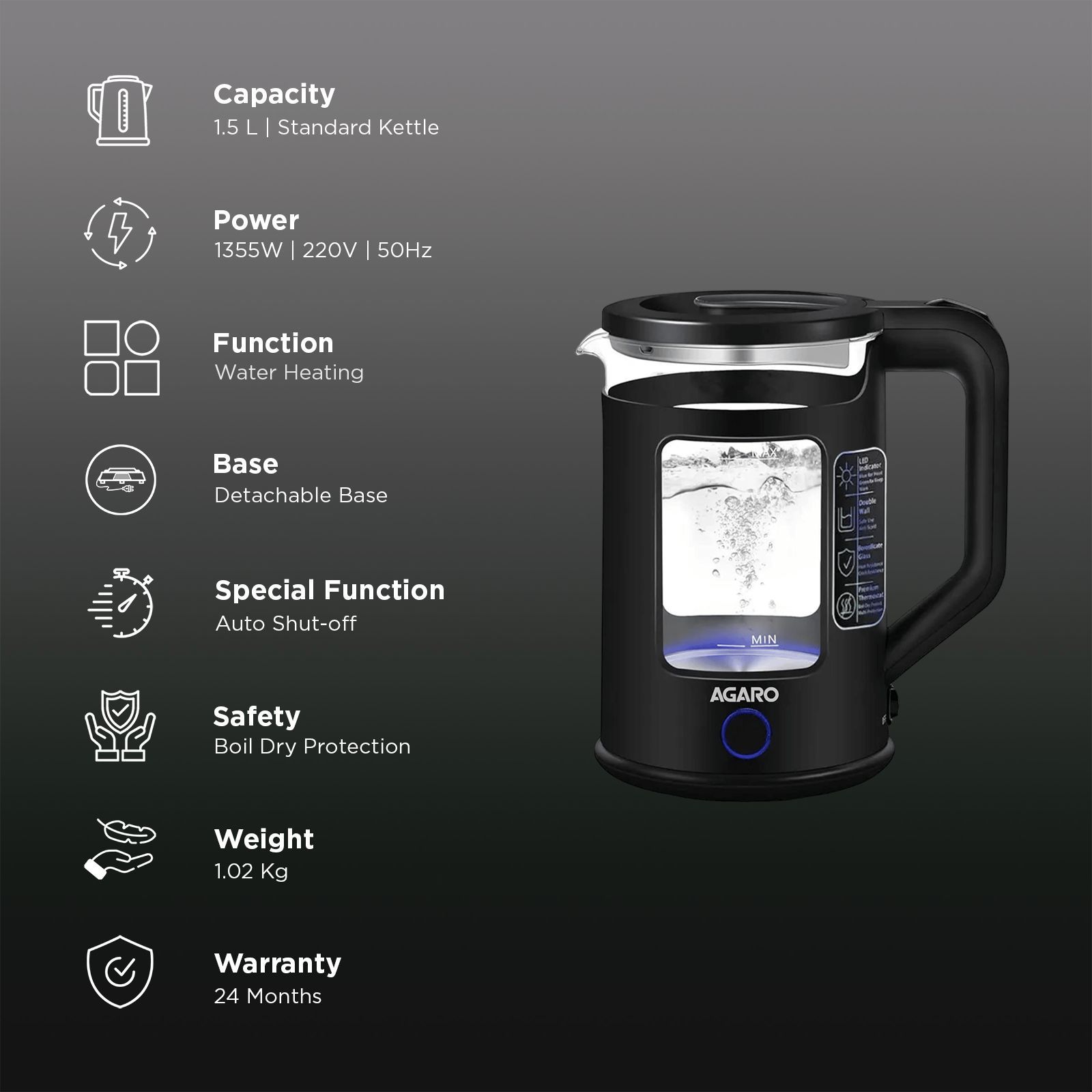 AGARO Galaxy 1355 Watt 1.5 Litre Electric Kettle with Keep Warm Function (Black)_3