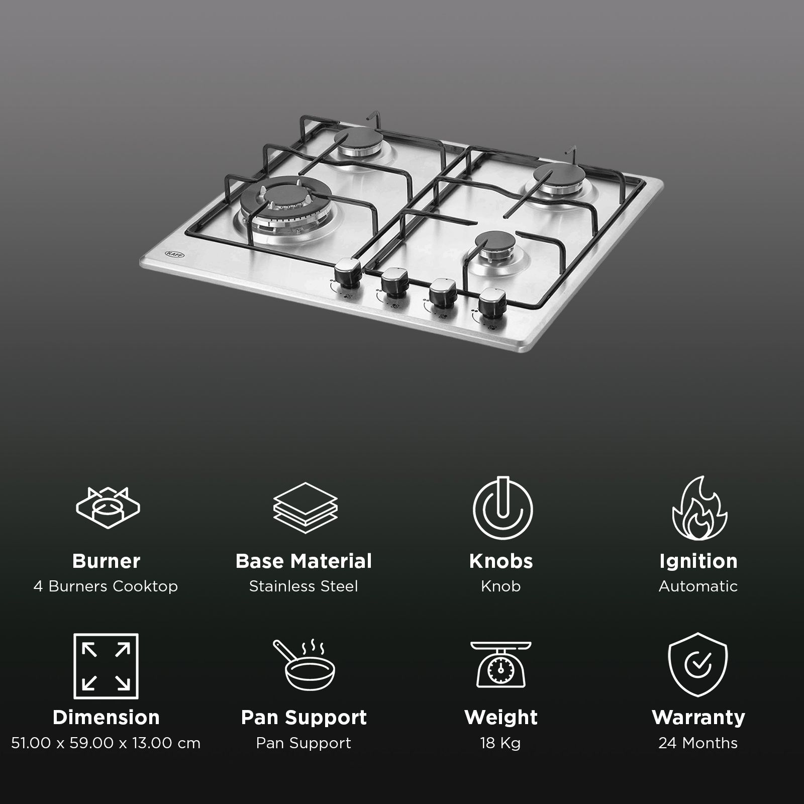 KAFF NE 4B 60 SS 4 Burner Automatic Hob (Matt Enameled Pan Support, Silver)_3