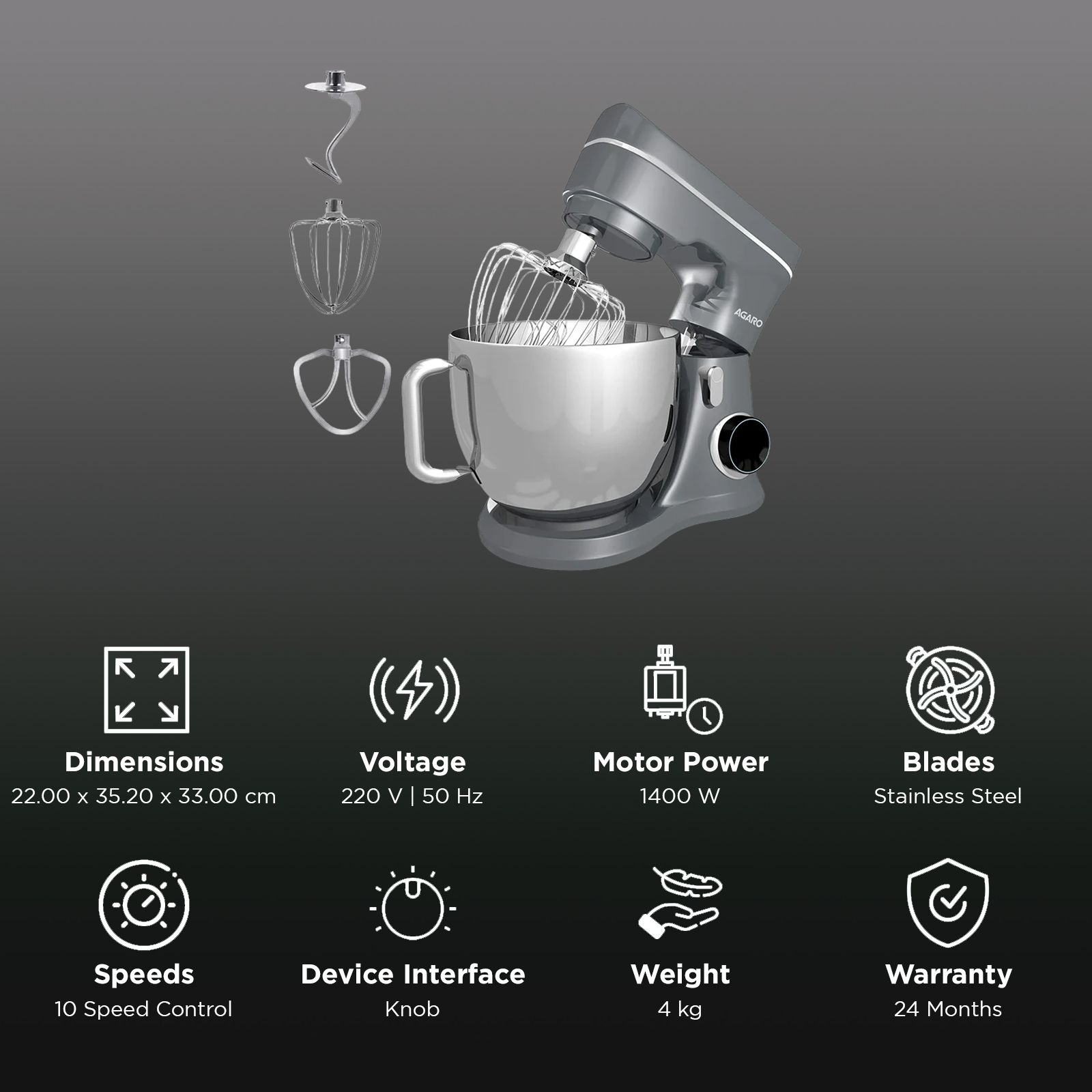 AGARO Elegant 1400 Watt 10 Speed Stand Mixer with 3 Attachments (Pulse Function, Dark Grey)_3