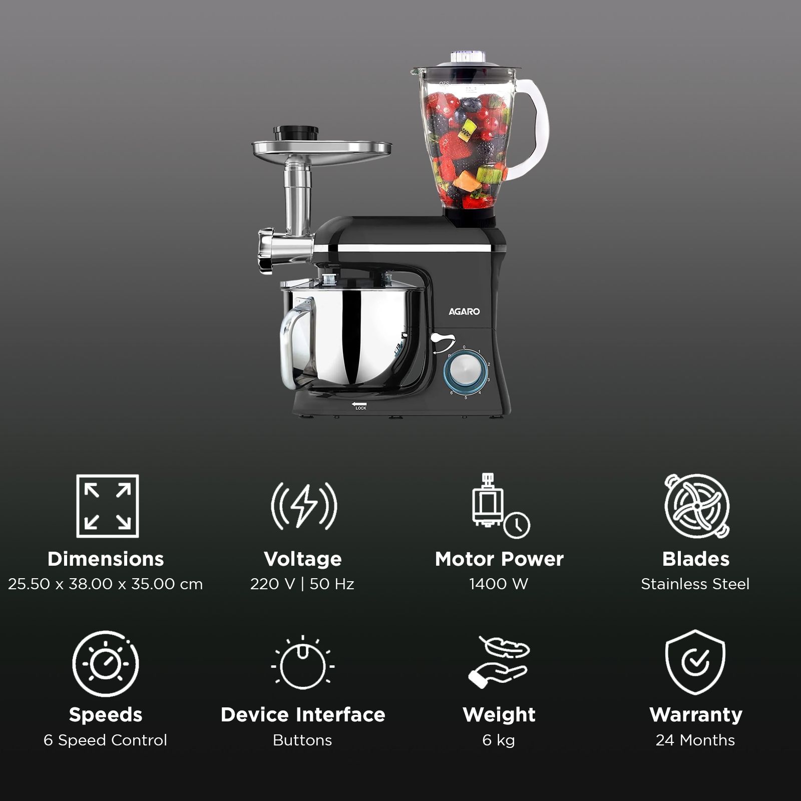 AGARO Regency 1400 Watt 1 Jar Stand Mixer (Copper Motor, Black)_2