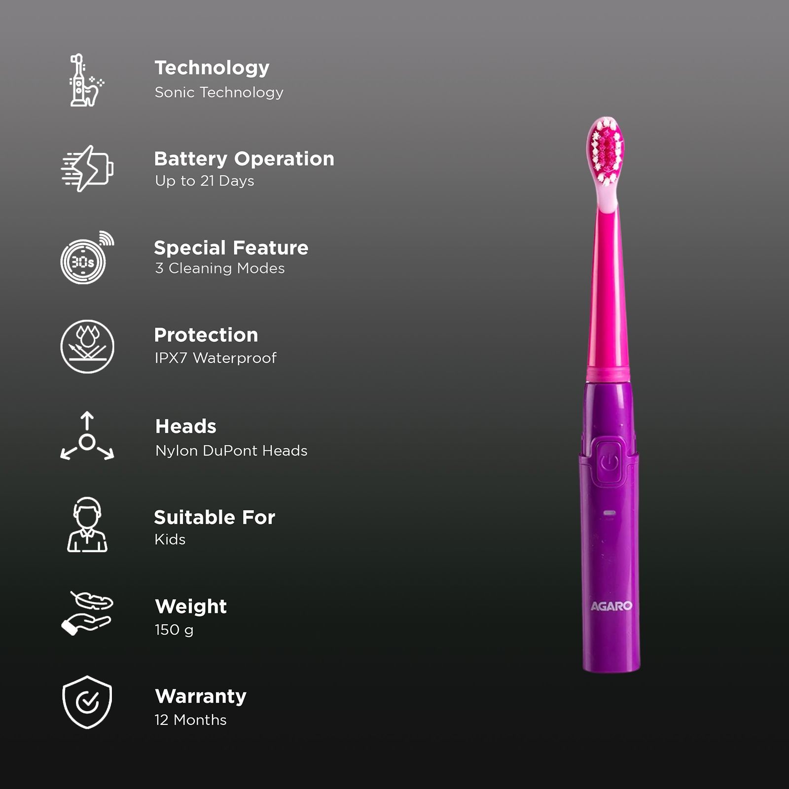 AGARO REX Sonic Rechargeable Electric Toothbrush with 2 Replacement Heads for Kids (3 Cleaning Modes, Purple)_2