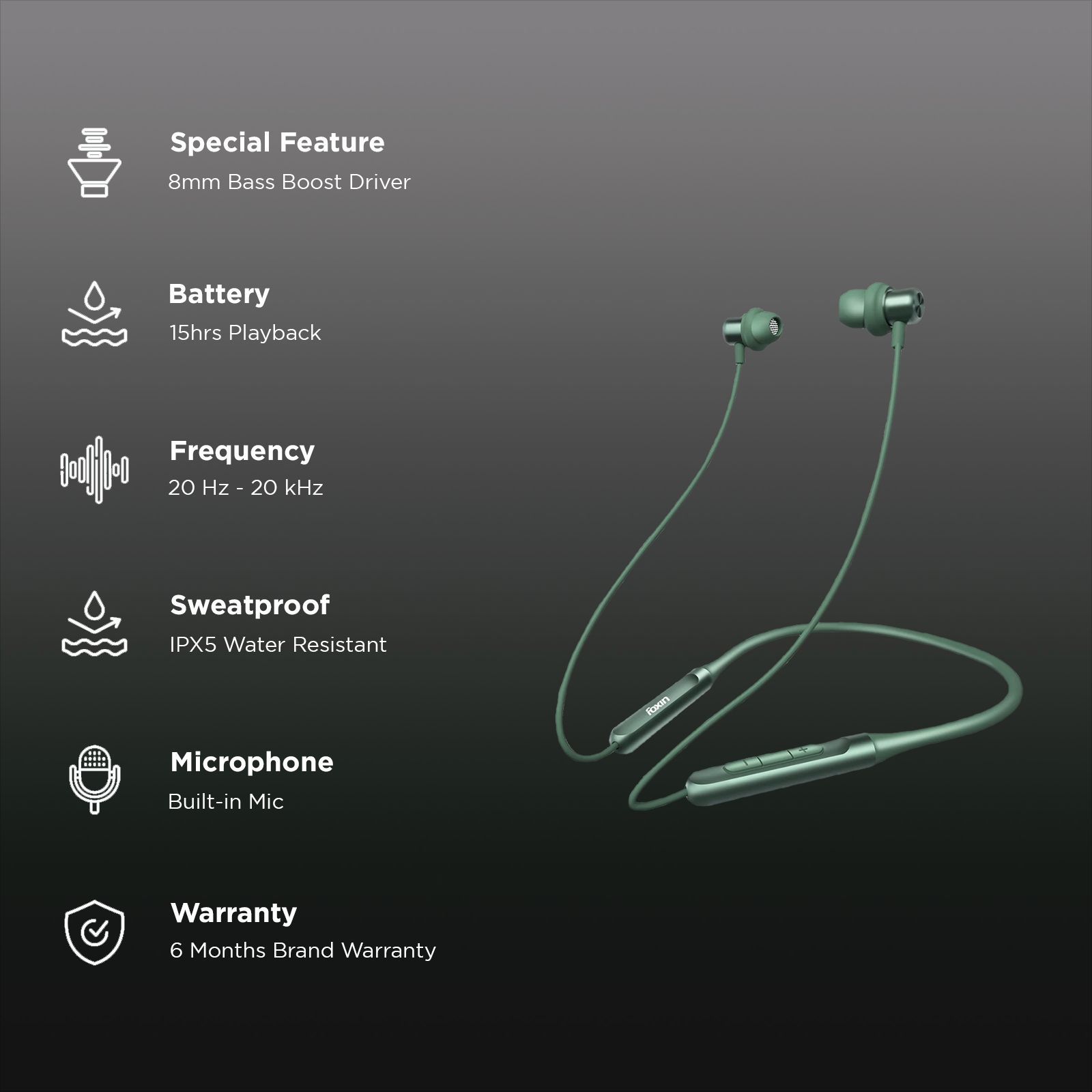 Foxin FoxBeat 181 Neckband (IPX5 Waterproof, Enhanced Bass Sound Quality, Moss Green)_2