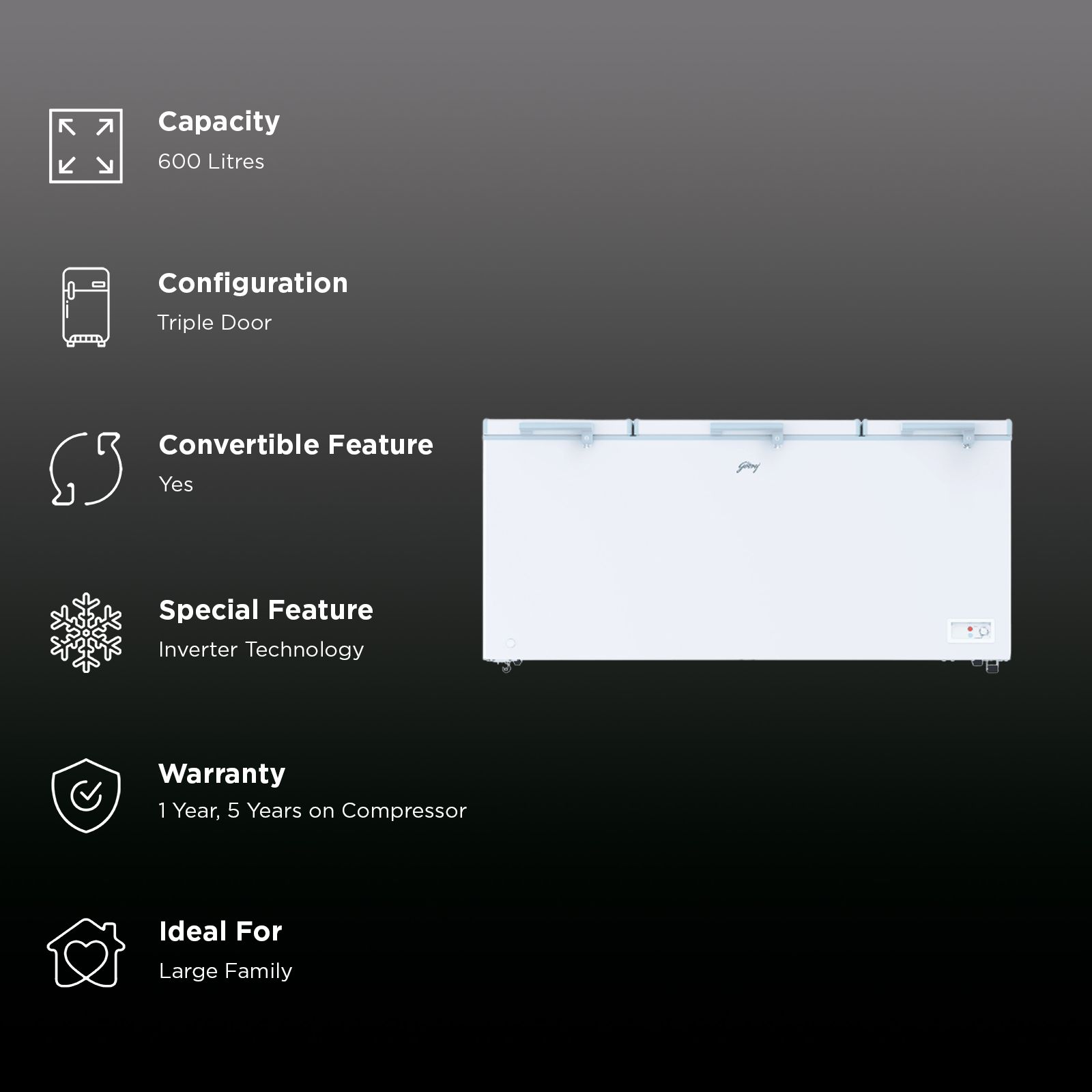 Godrej Edge Penta 600 Litres 5 Star Triple Door Deep Freezer (Pentacool Technology, DH EPENTA 625E, Royal White) Godrej Edge Penta 600 Litres 5 Star Triple Door Deep Freezer (Pentacool Technology, DH EPENTA 625E, Royal White)_3