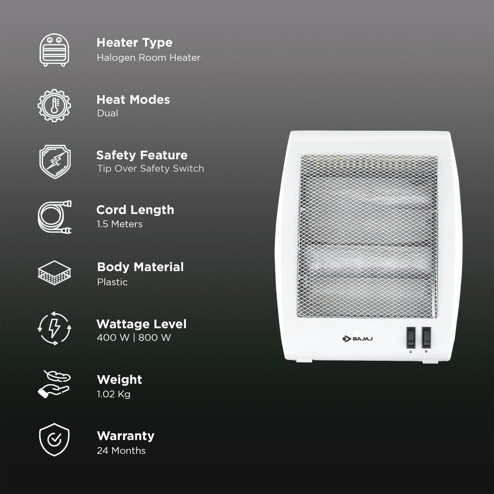 BAJAJ RHX-2 800W Halogen Room Heater with Noiseless Operation (Neat Clean Operation_3