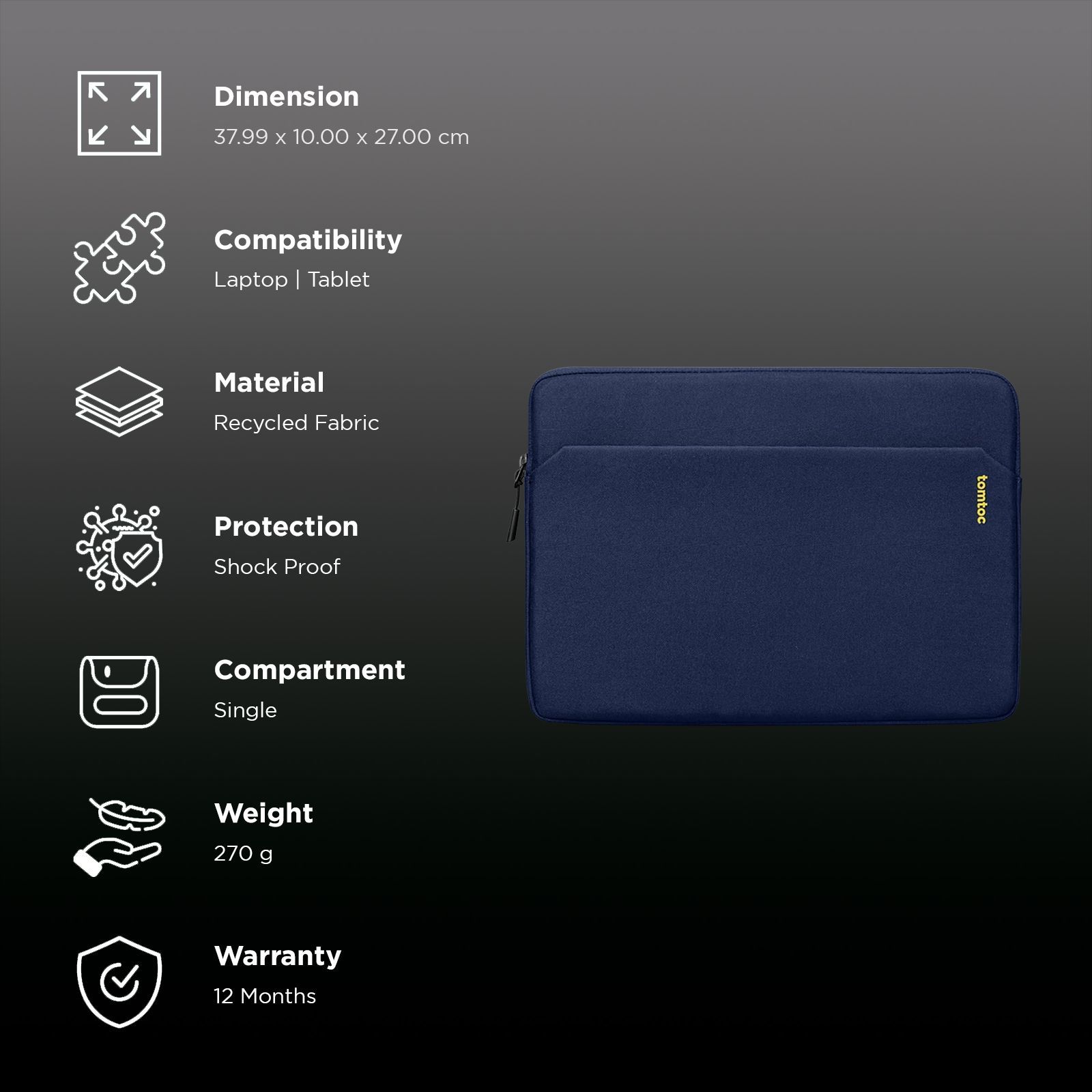 tomtoc Light A18 Recycled Fabric Laptop Sleeve for 14 Inch Laptop (Water Resistant, Dark Blue) tomtoc Light A18 Recycled Fabric Laptop Sleeve for 14 Inch Laptop (Water Resistant, Dark Blue)_2