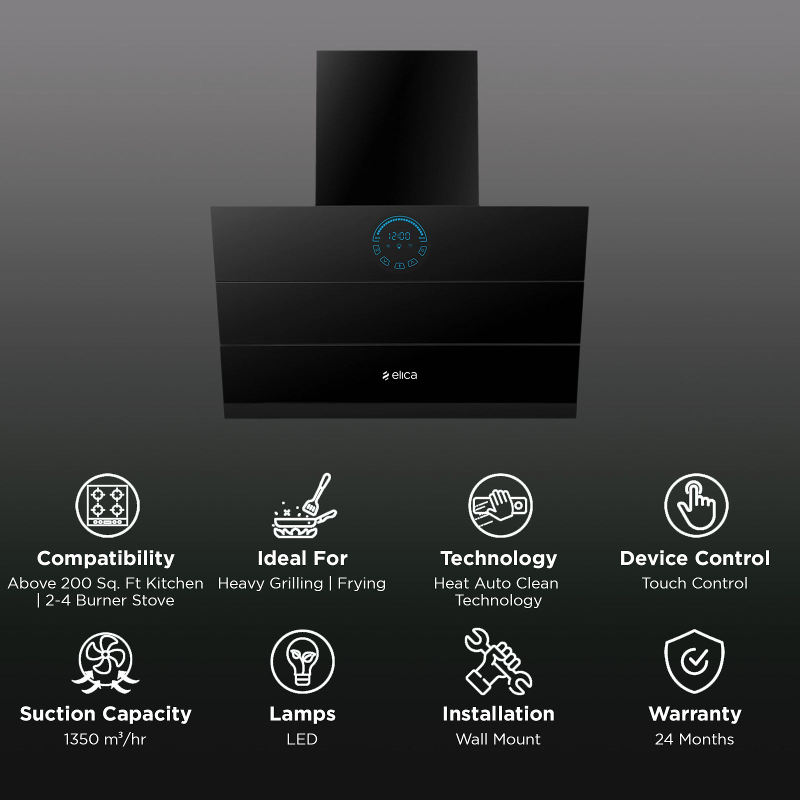 elica EFL S 108 HAC LTW VMS 60 60cm 1350m³/hr Ducted Auto Clean Wall Mounted Chimney with Palm Sensor (Matte Black)_3