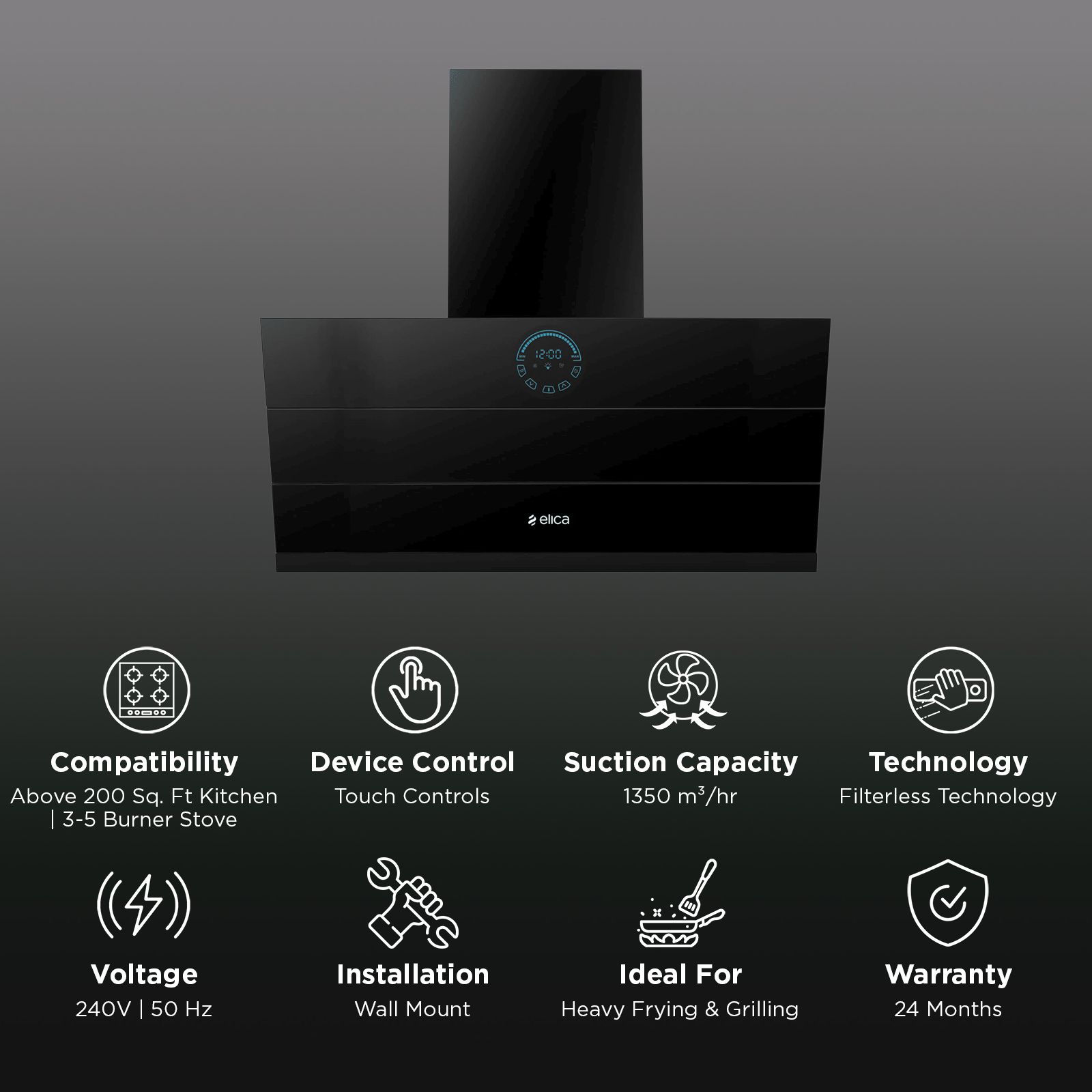 elica EFL 108 HAC LTW VMS 90cm 1350m3/hr Ducted Auto Clean Wall Mounted Chimney with Palm Sensor Control (Black)_3