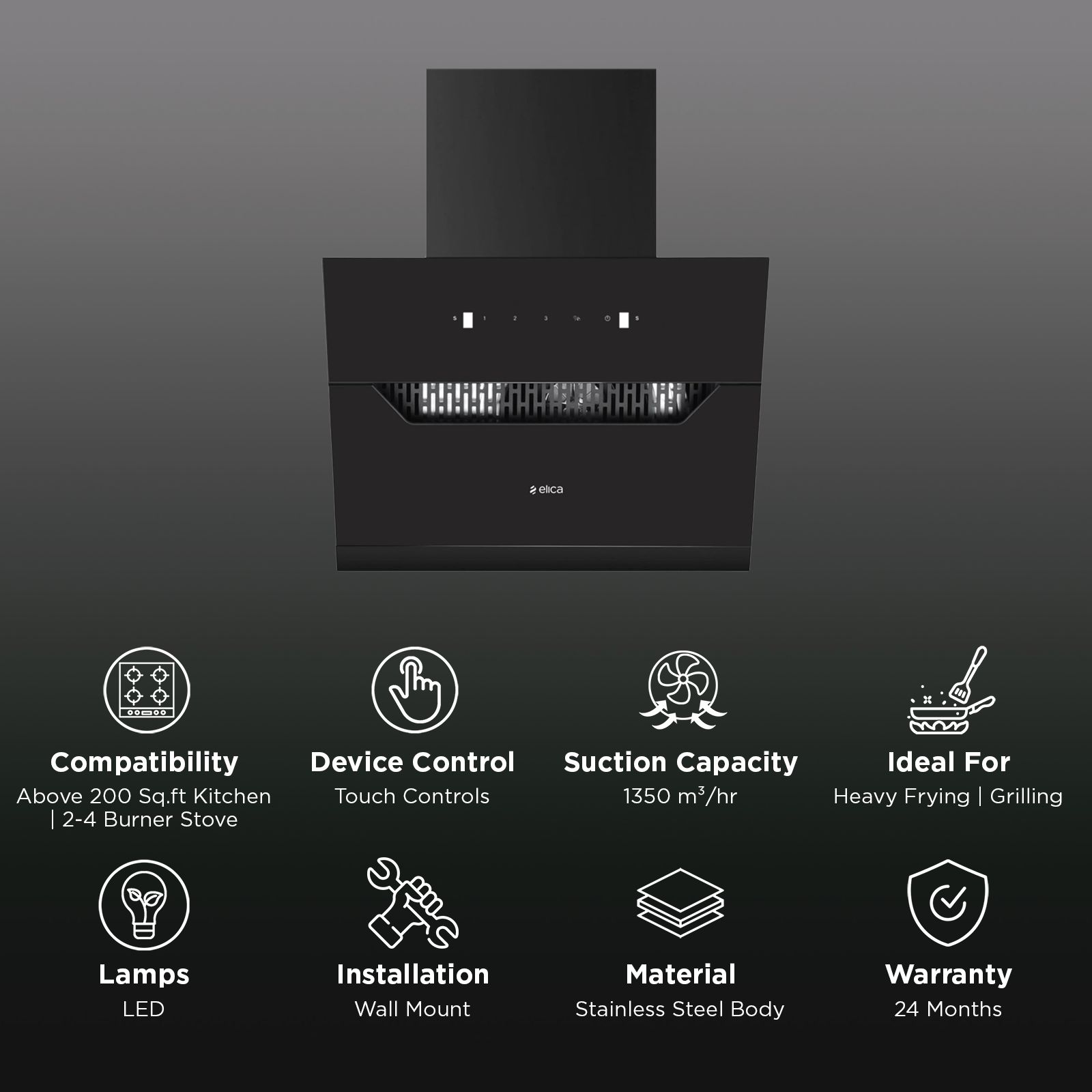 elica Kitchenhood 60cm 1350m3/hr Ducted Auto Clean Wall Mounted Chimney with Motion Sensor Control (Black)_3