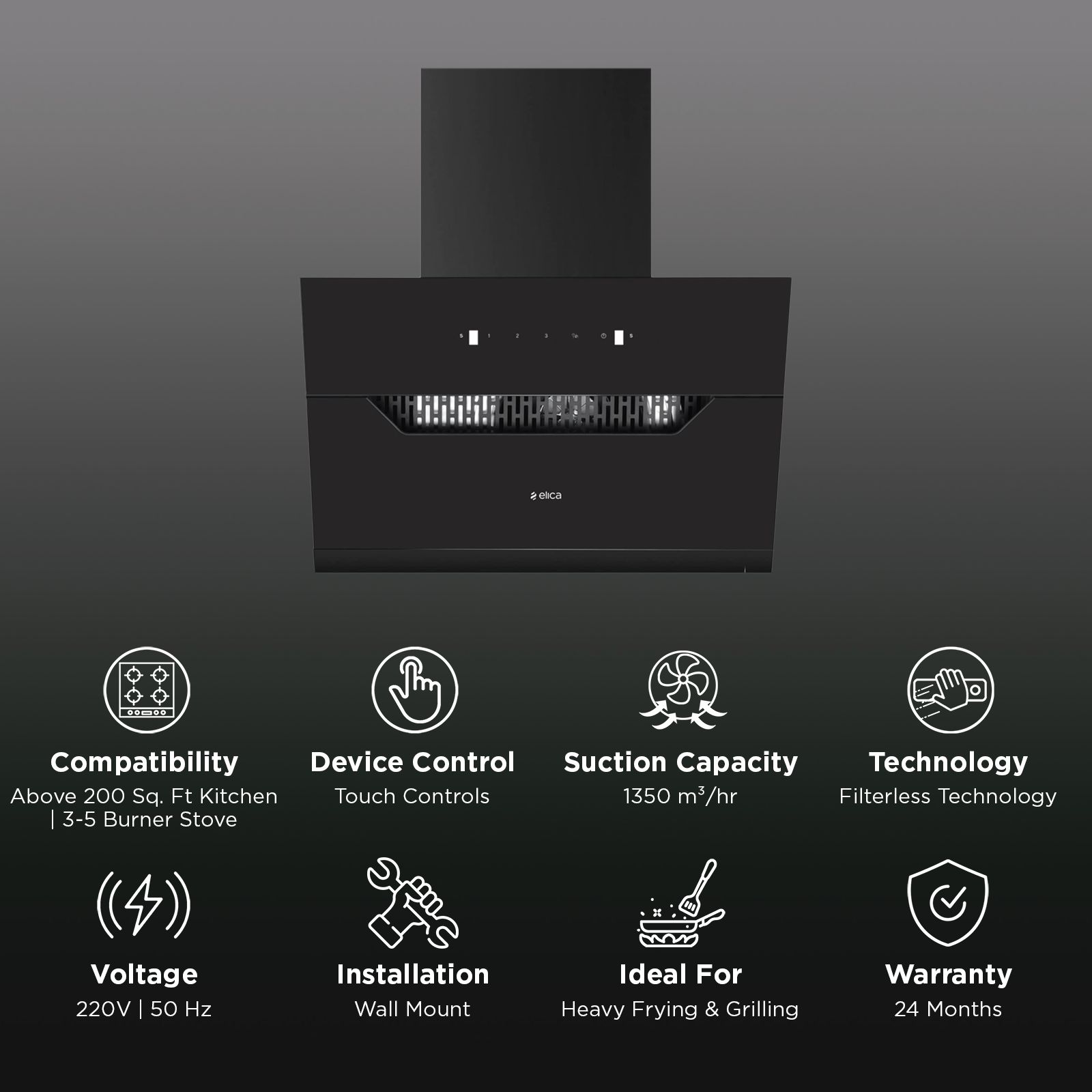 elica Kitchenhood 90cm 1350m3/hr Ducted Auto Clean Wall Mounted Chimney with Motion Sensor Control (Dark Grey)_3