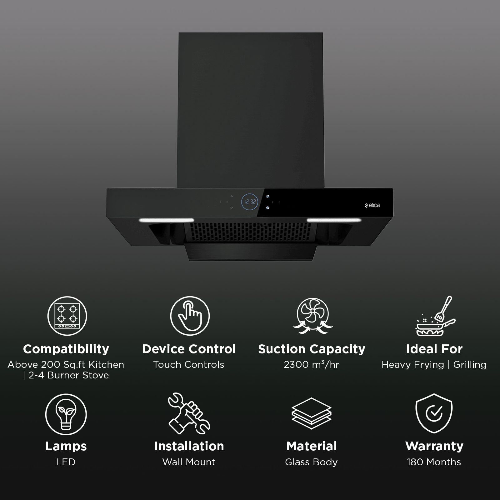 elica ISMART SPOT FL HAC 75 LTW NERO 75cm 2300m3/hr Ducted Wall Mounted Chimney with Brushless DC Motor (Black)_3