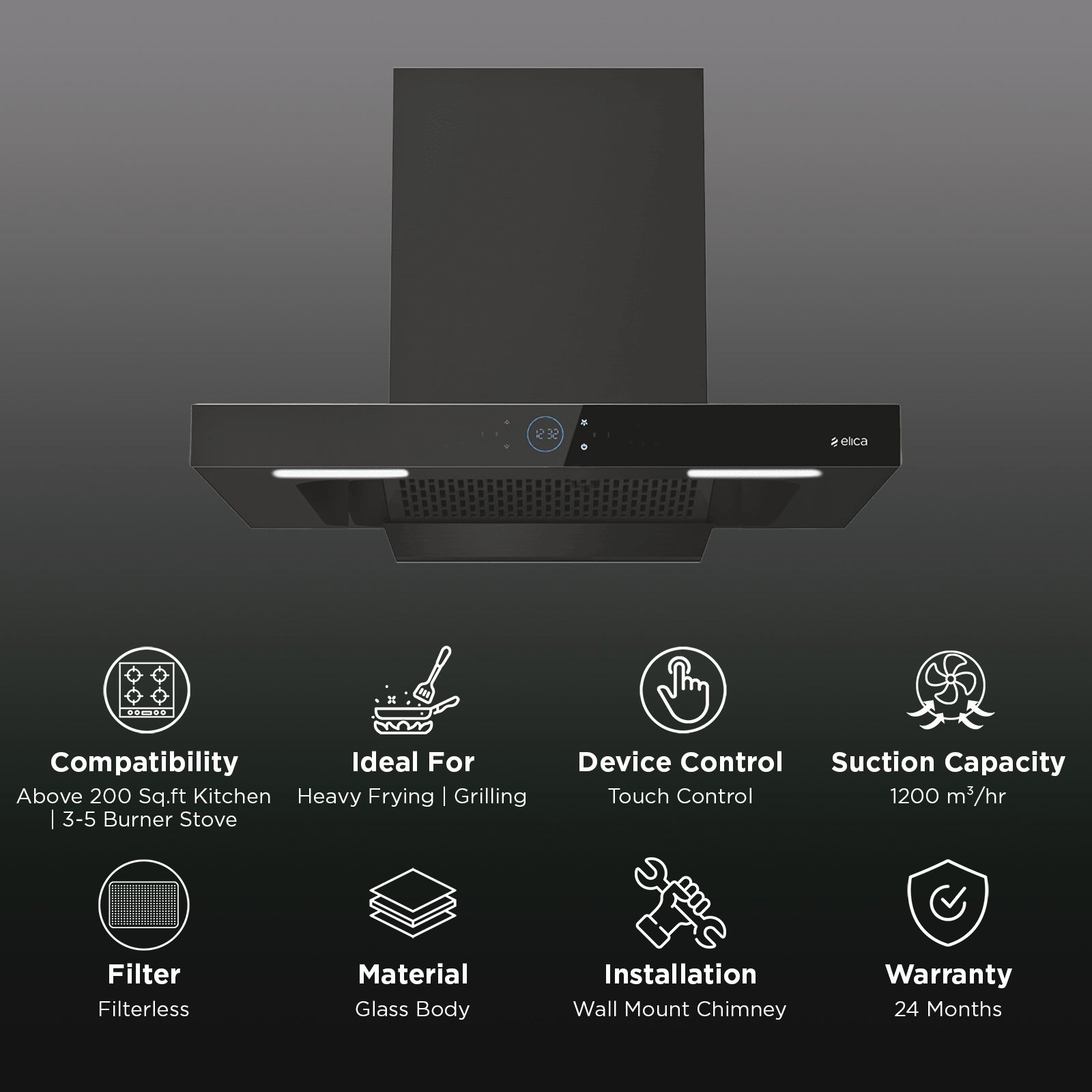 elica ISMART SPOT FL HAC 90 LTW NERO 90cm 1200m3/hr Ducted Auto Clean Wall Mounted Chimney with Motion Sensor Technology_3
